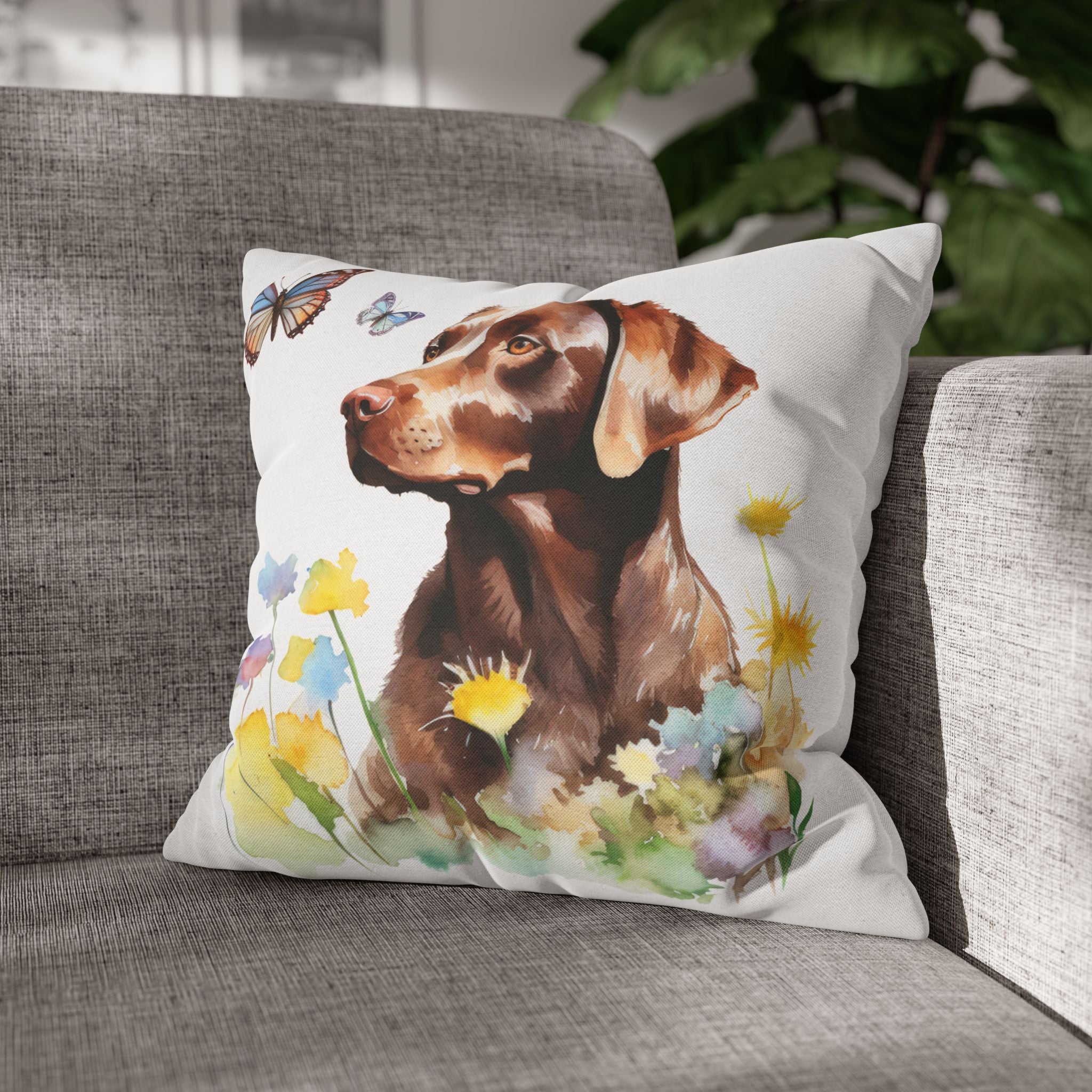 Charming Brown Dog with Butterflies and Flowers Spun Polyester Square Pillowcase