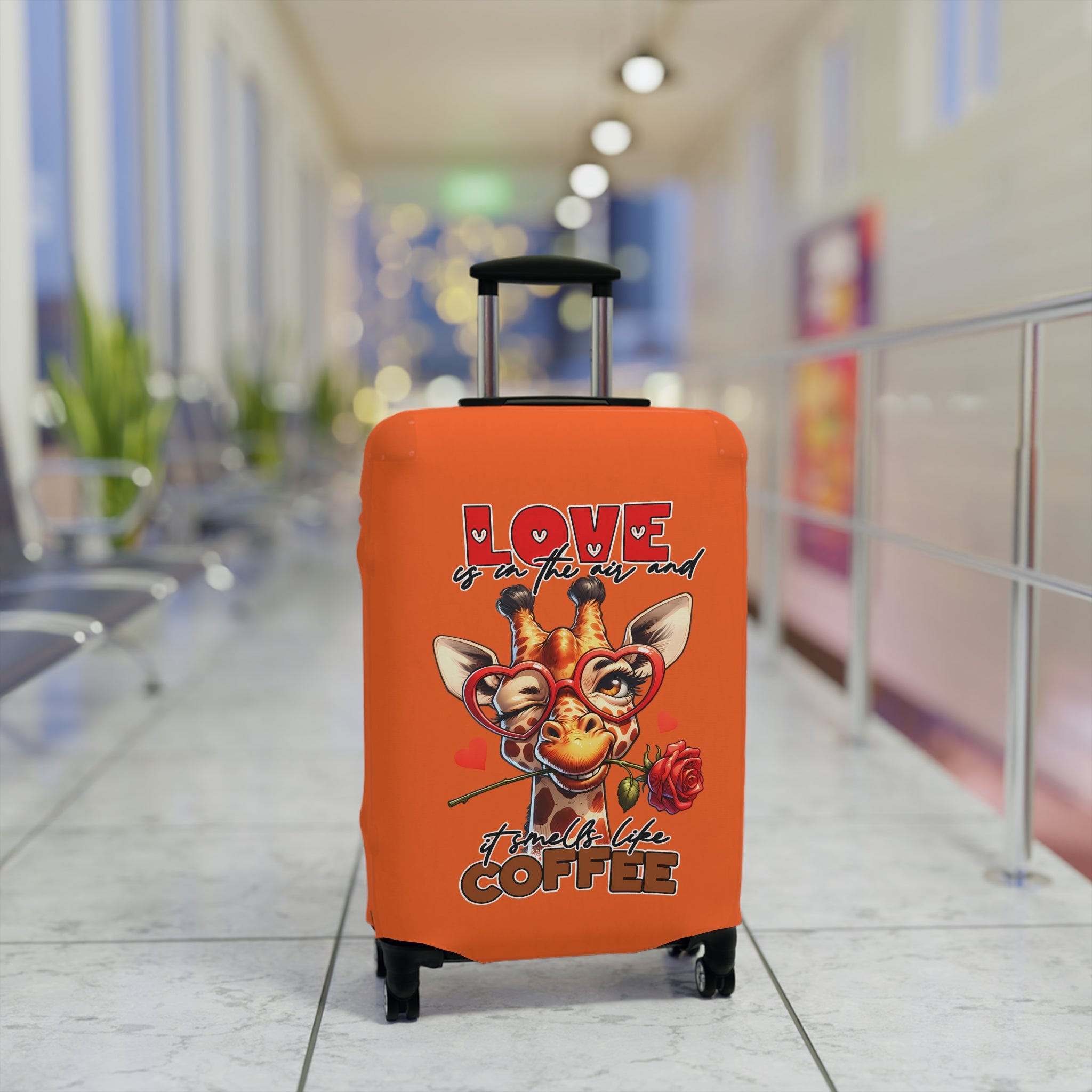 Love is in the Air and It Smells Like Coffee Giraffe Luggage Cover, Cute Giraffe with Glasses and Rose, Funny Coffee Lover's Luggage Cover, Valentine's Day Gift Luggage Cover