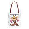 Funny Giraffe Tote Bag, My Blood Type is Coffee Tote Bag, Cute Animal Tote Bag, Fun Coffee Lover Gift, Quirky Giraffe Art Bag Tote Tote Bag