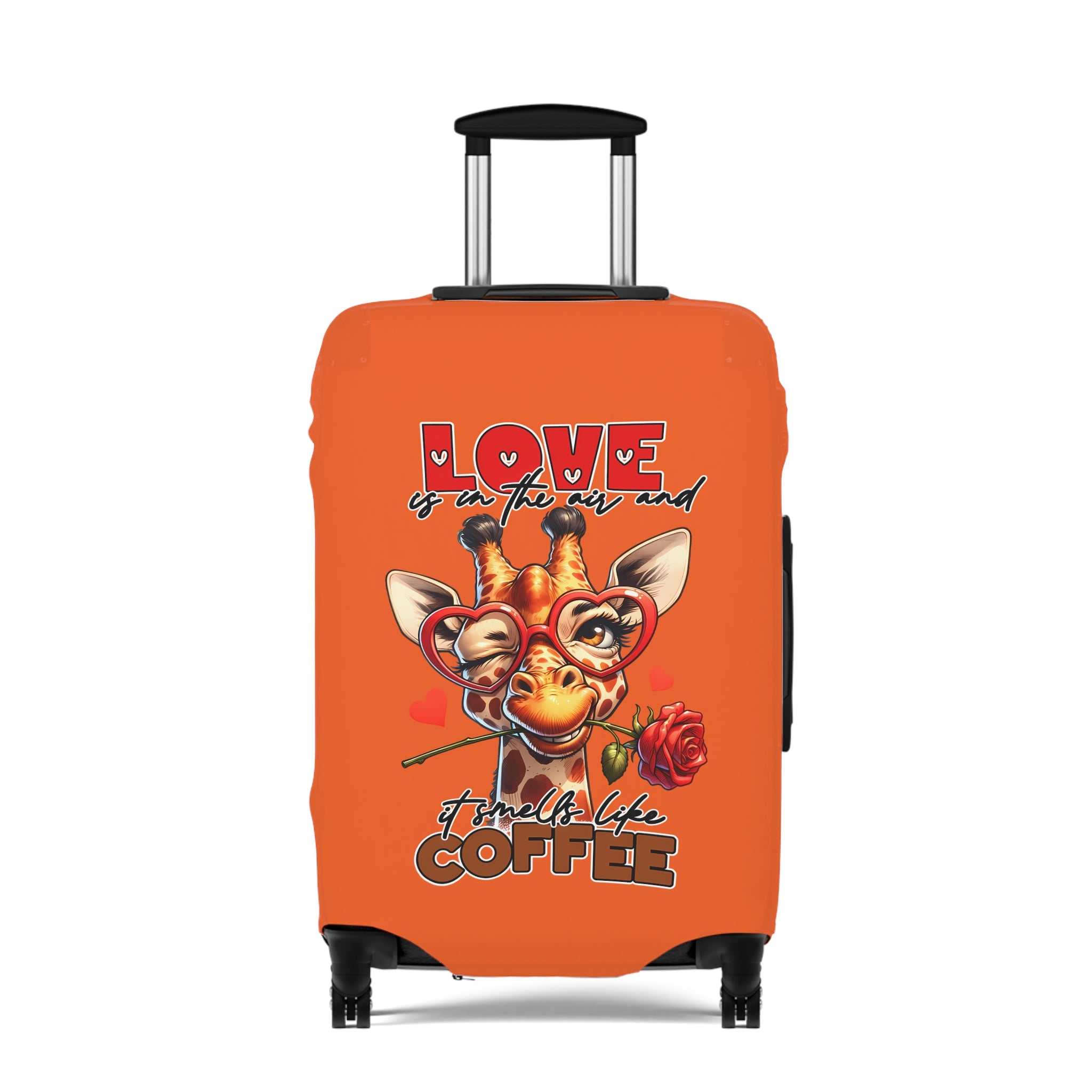 Love is in the Air and It Smells Like Coffee Giraffe Luggage Cover, Cute Giraffe with Glasses and Rose, Funny Coffee Lover's Luggage Cover, Valentine's Day Gift Luggage Cover