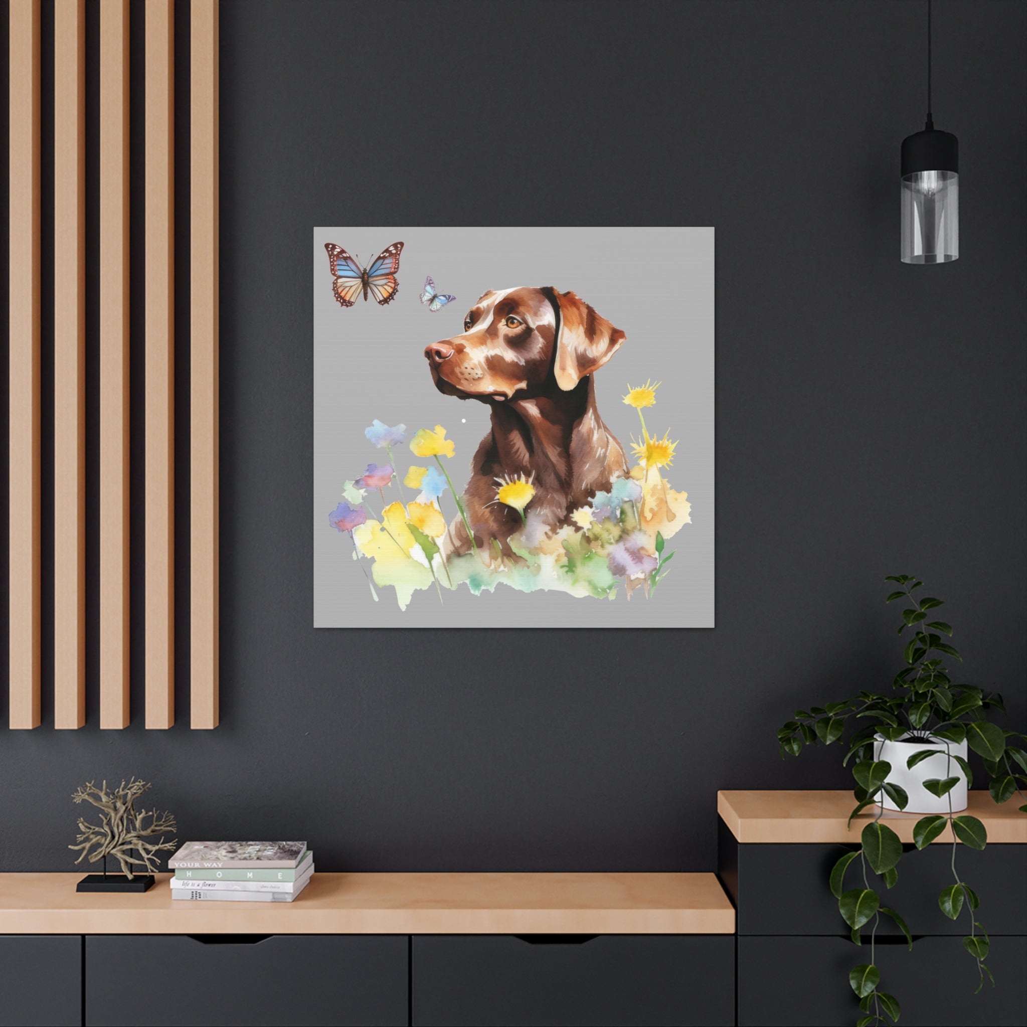 Charming Brown Dog with Butterflies and Flowers  Canvas Gallery Wraps