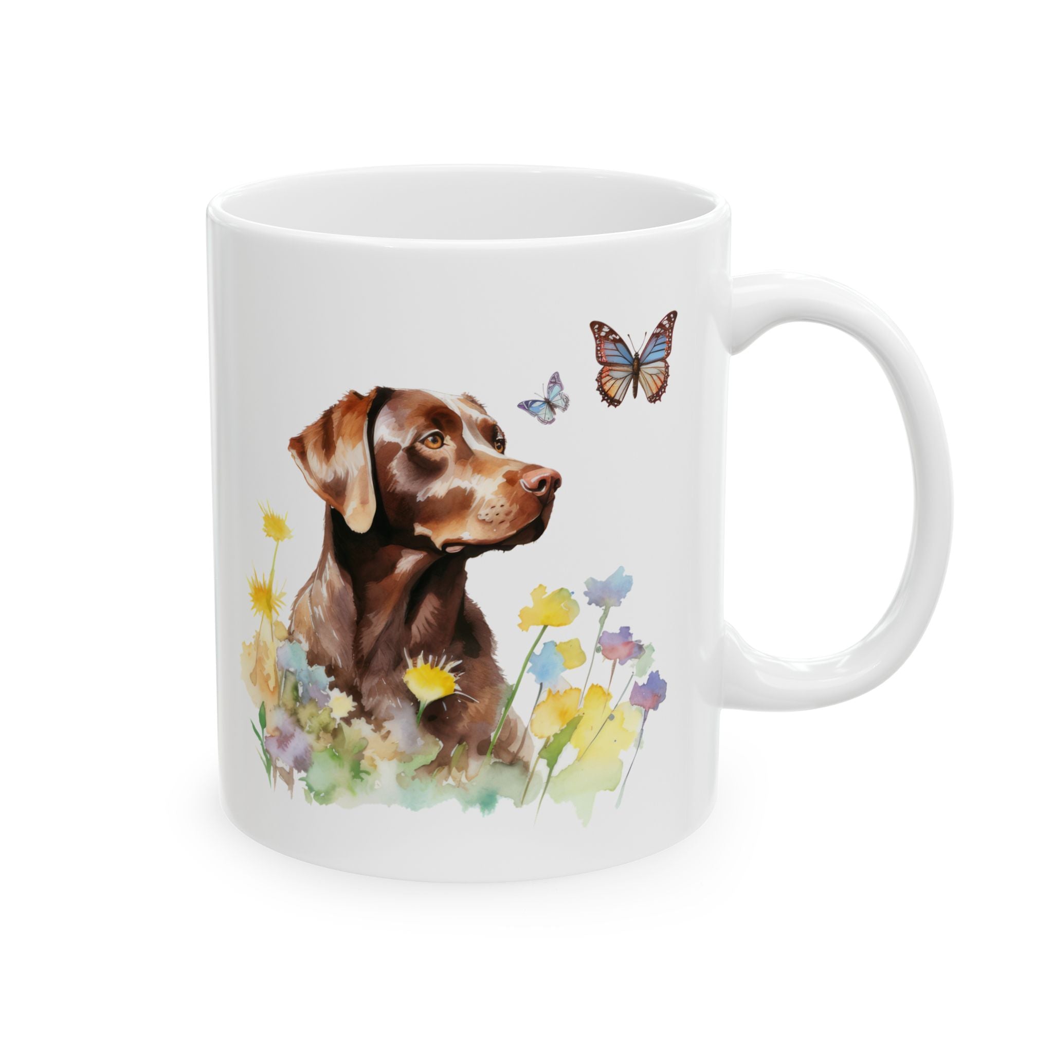 Charming Brown Dog with Butterflies and Flowers Mug Ceramic Mug, (11oz, 15oz)