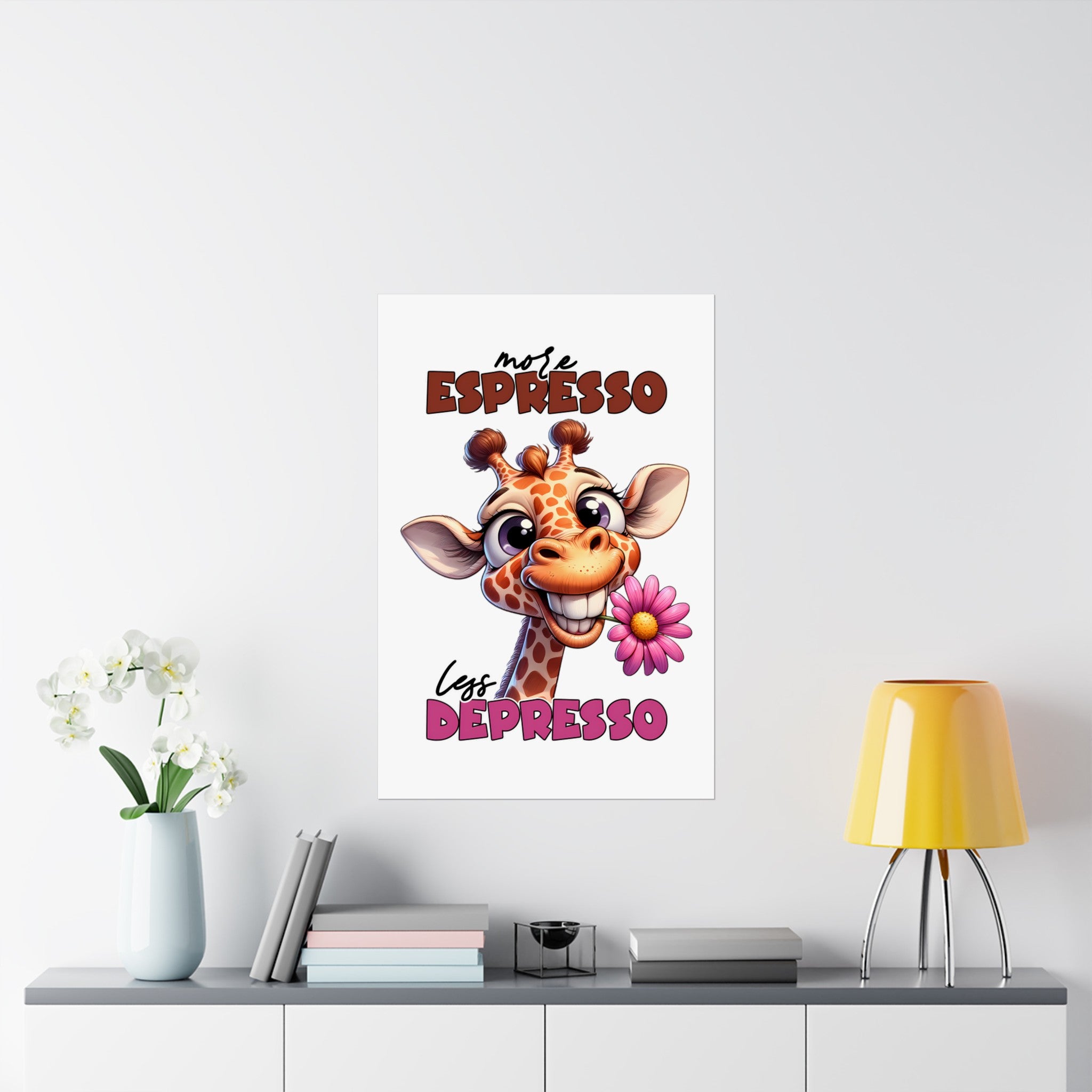 More Espresso Less Depresso Funny Giraffe Wall Art Print, Cute Animal Poster, Motivational Quote Artwork, Nursery Decor, Kids Room Decor Matte Vertical Posters