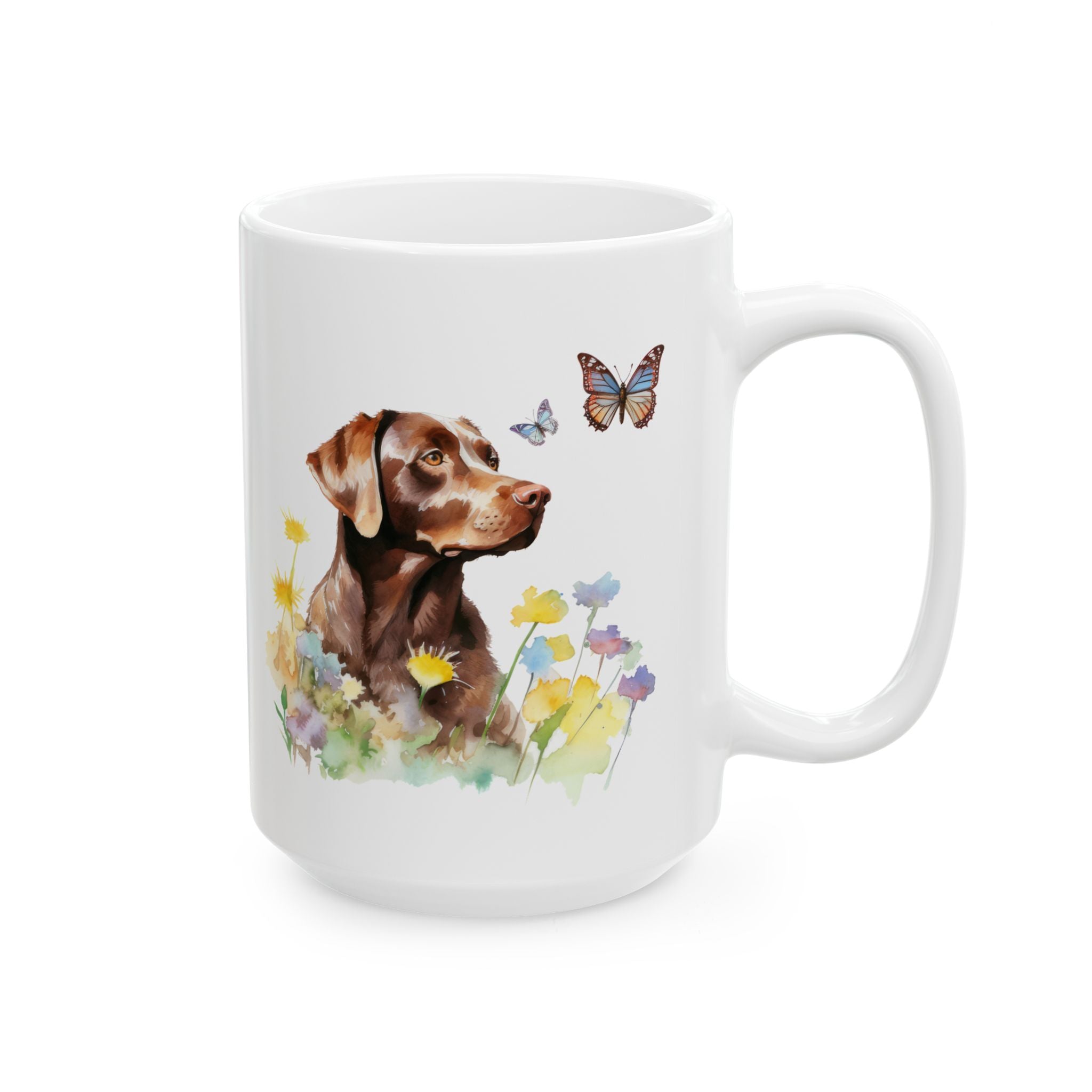 Charming Brown Dog with Butterflies and Flowers Mug Ceramic Mug, (11oz, 15oz)