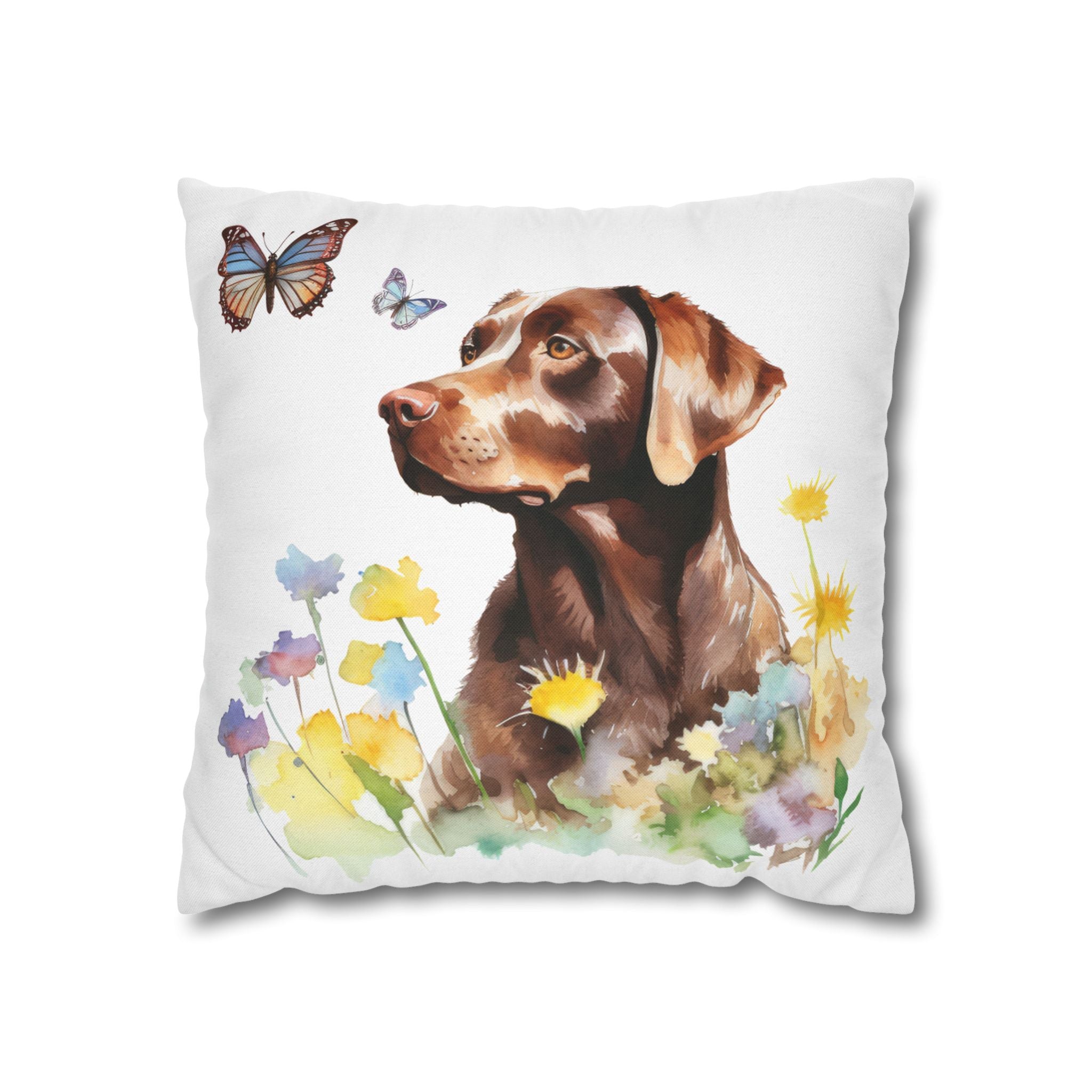 Charming Brown Dog with Butterflies and Flowers Spun Polyester Square Pillowcase