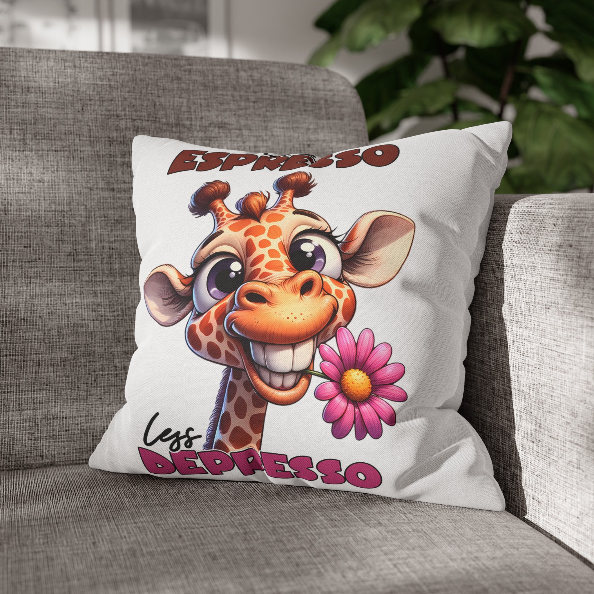 Funny Giraffe Pillow Cover, More Espresso Less Depresso Pillow, Cute Giraffe Pillow Decor, Animal Lover Gift, Kids Room Decor Spun Polyester Square Pillowcase