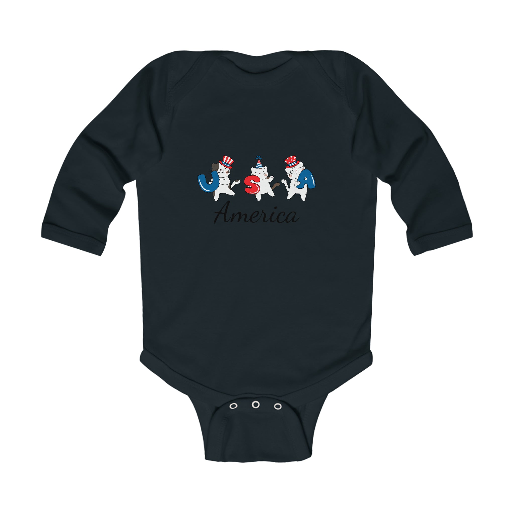 Happy 4th of July USA American Flag Design Long Sleeve Baby Bodysuit