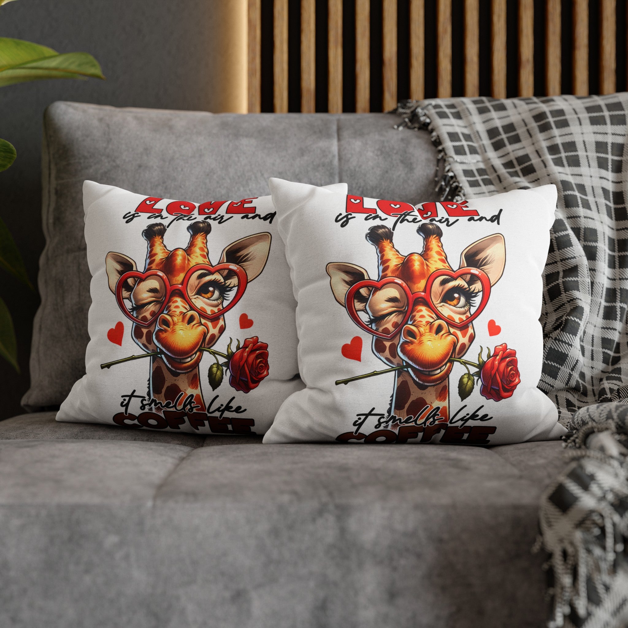 Cute Giraffe Love Is In The Air Coffee Lovers Pillow, Funny Animal Decor Throw Pillow, Perfect Valentine's Day Gift Spun Polyester Square Pillowcase