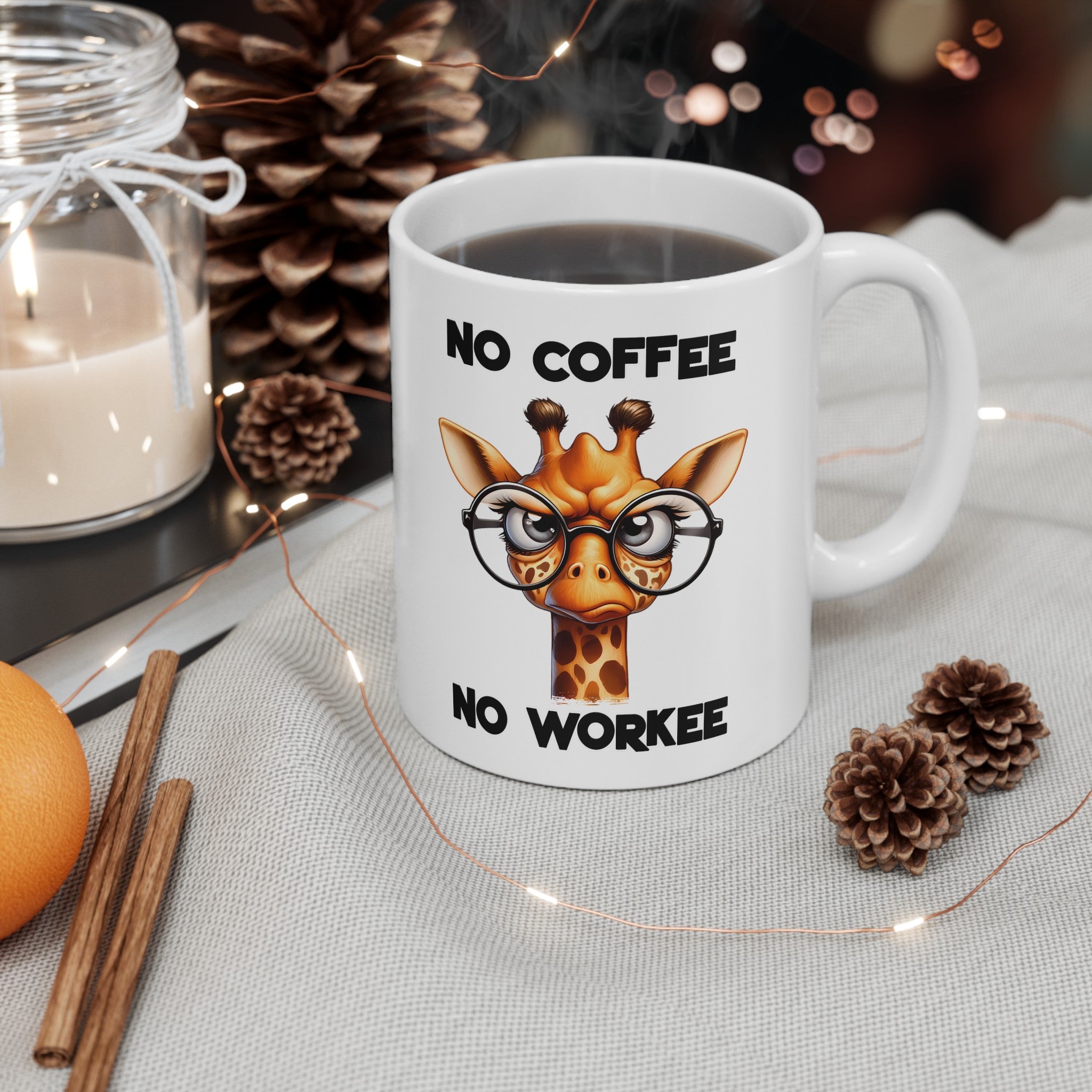 Funny Giraffe Mug, No Coffee No Workee Mug, Giraffe with Glasses Mug, Cute Animal Lover Gift, Coffee Lover Mug, Office Humor Gift Ceramic Mug, (11oz, 15oz)