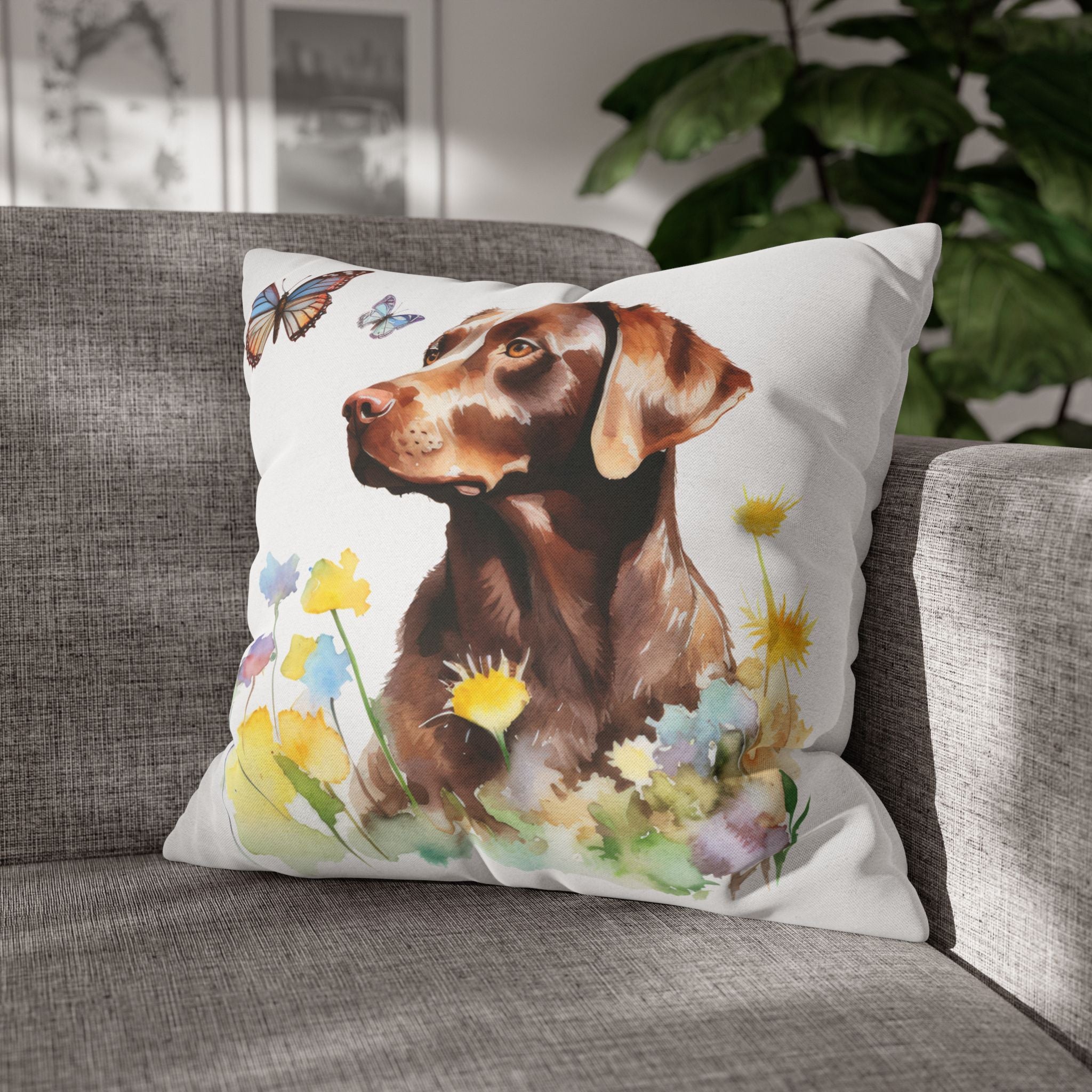 Charming Brown Dog with Butterflies and Flowers Spun Polyester Square Pillowcase