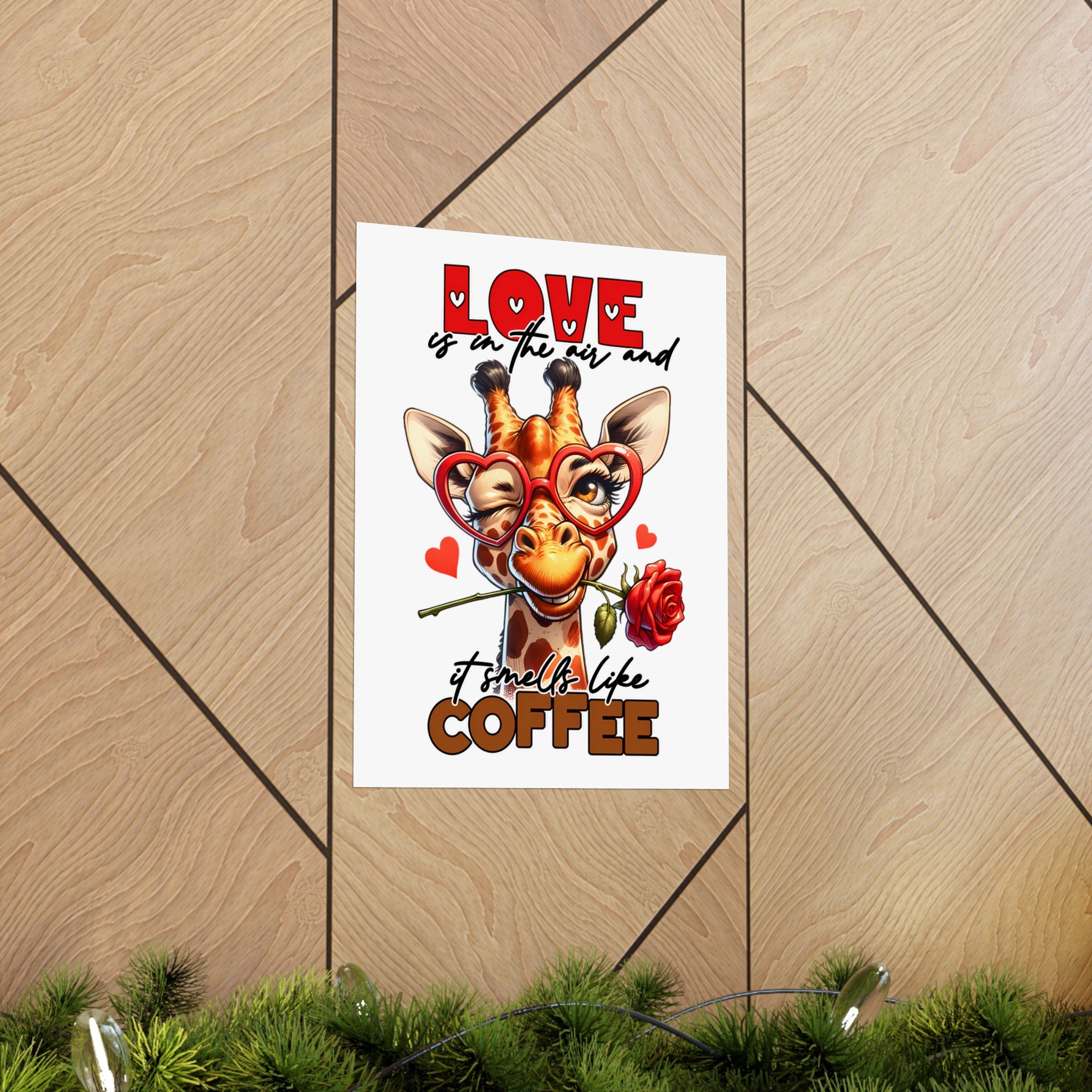 Love Is In The Air Giraffe Wall Art, Coffee Quote Poster, Heart Glasses Giraffe Print, Rose In Mouth Giraffe Decor, Cute Animal Lover Gift Matte Vertical Posters