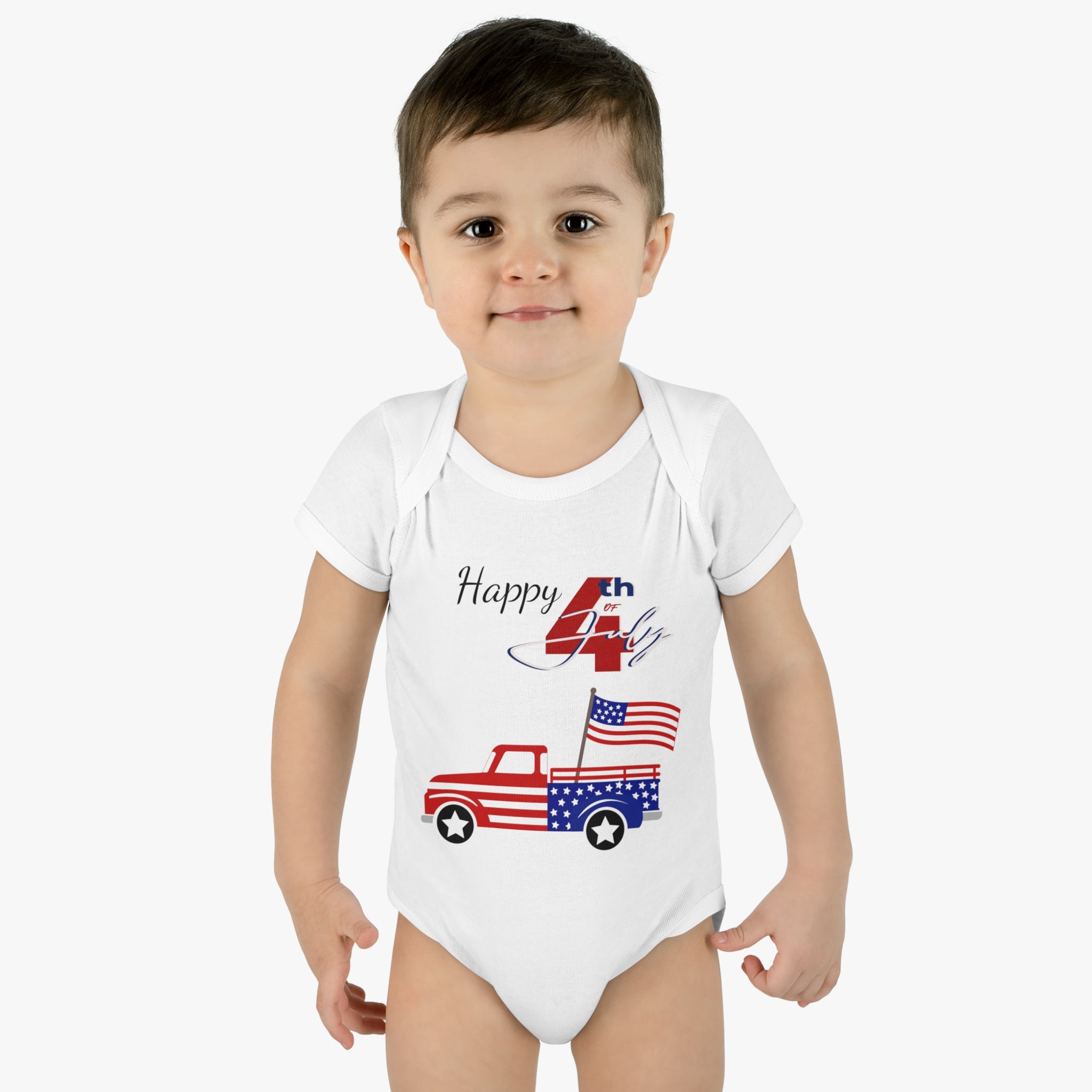 Happy 4th of July American Flag design Truck Baby Bodysuit