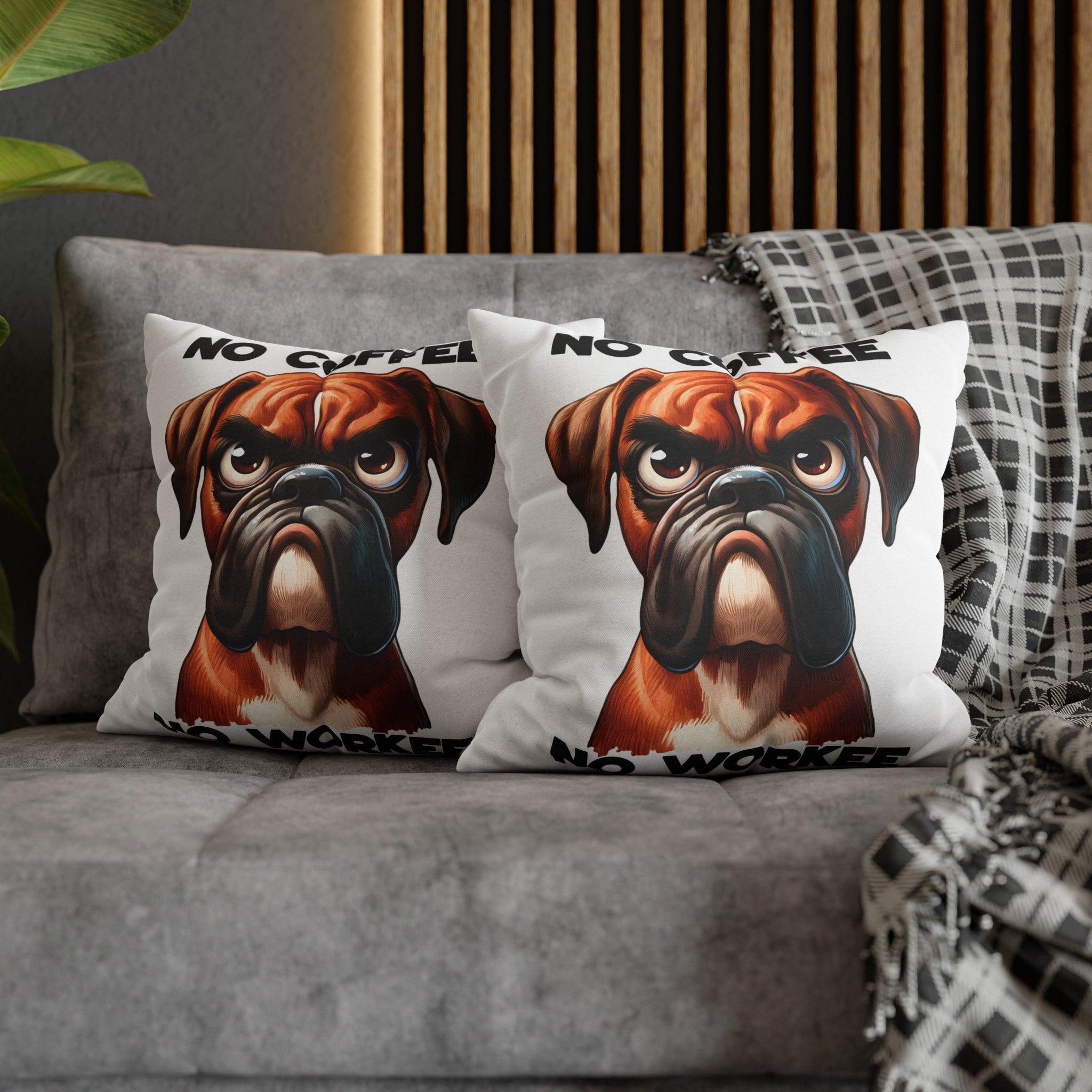 Funny Angry Dog Art Pillow, No Coffee No Workee Pillow Cover, Humor Pillow Case, Dog Lover Gift, Decorative Cushion, Home Decor Spun Polyester Square Pillowcase