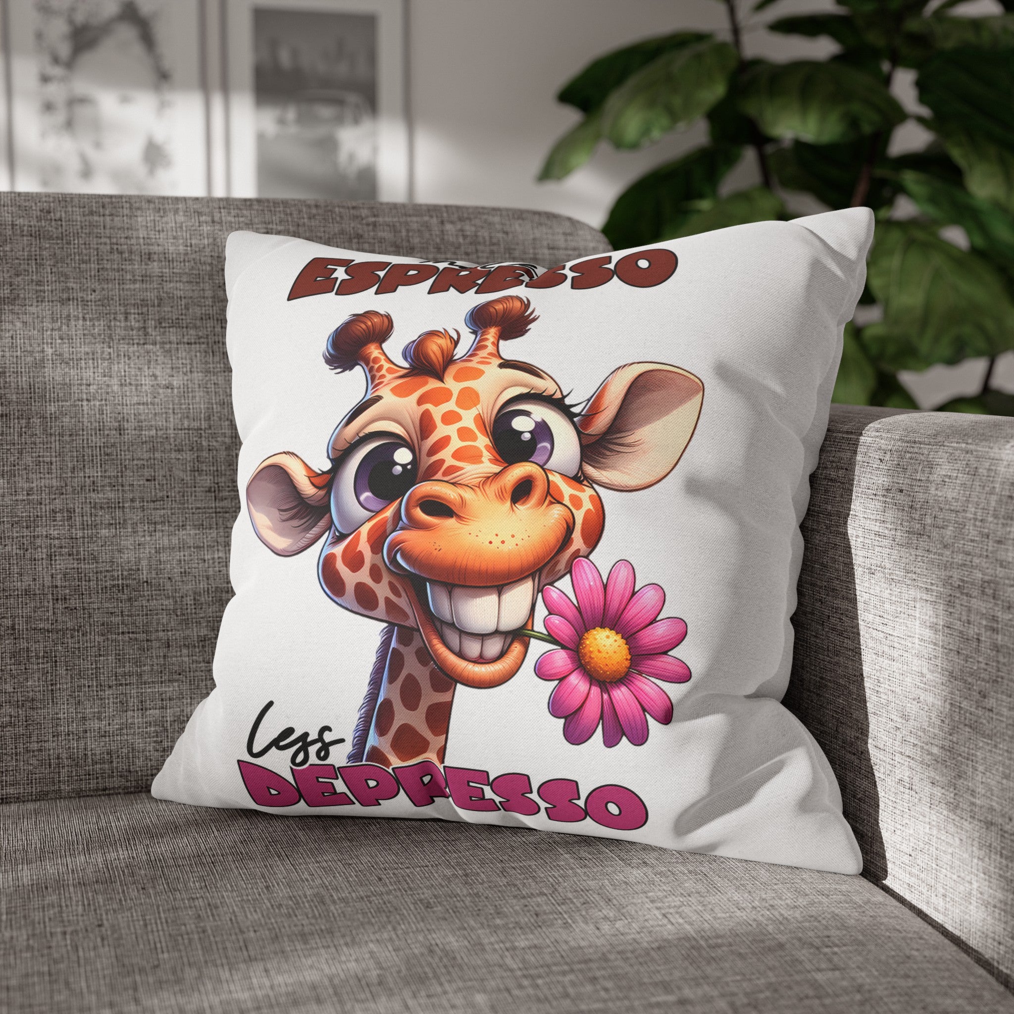 Funny Giraffe Pillow Cover, More Espresso Less Depresso Pillow, Cute Giraffe Pillow Decor, Animal Lover Gift, Kids Room Decor Spun Polyester Square Pillowcase