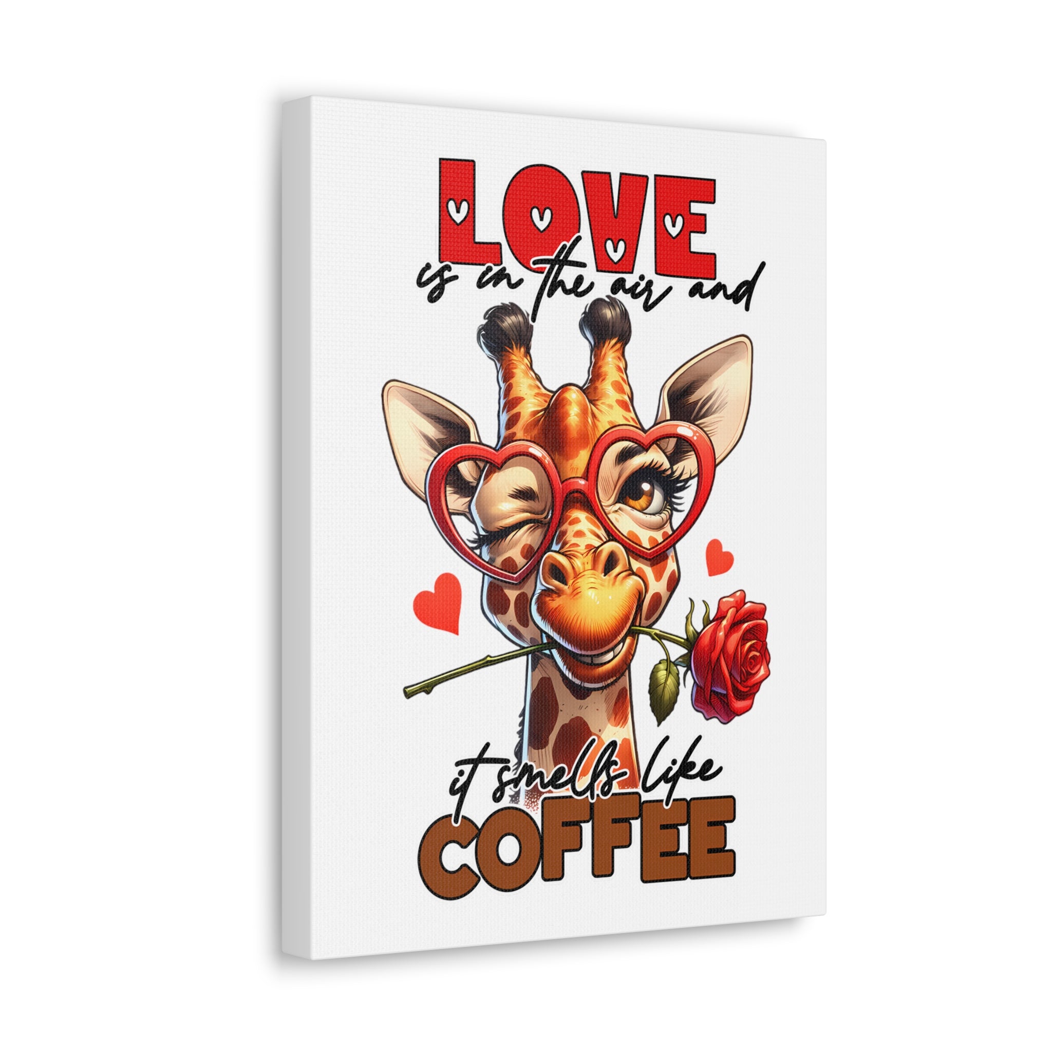 Cute Giraffe Love Wall Art, Coffee Quote Poster, Quirky Animal Decor, Fun Giraffe Illustration, Heart Glasses Artwork, Romantic Coffee Print Canvas Gallery Wraps