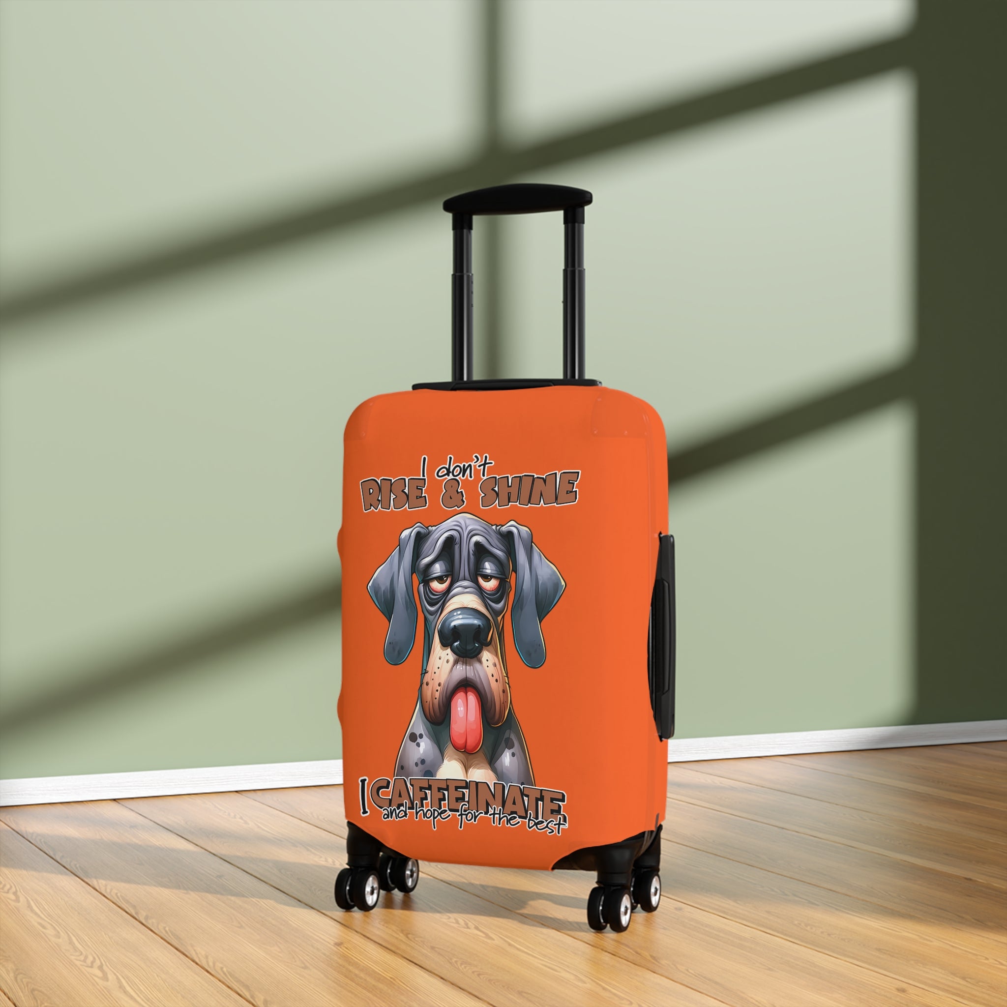 Funny Dog Luggage Cover, I Don't Rise and Shine I Caffeinate Luggage Cover, Dog Lover Gift, Humorous Luggage Cover, Lazy Dog Design, Cute Canine Art Luggage Cover