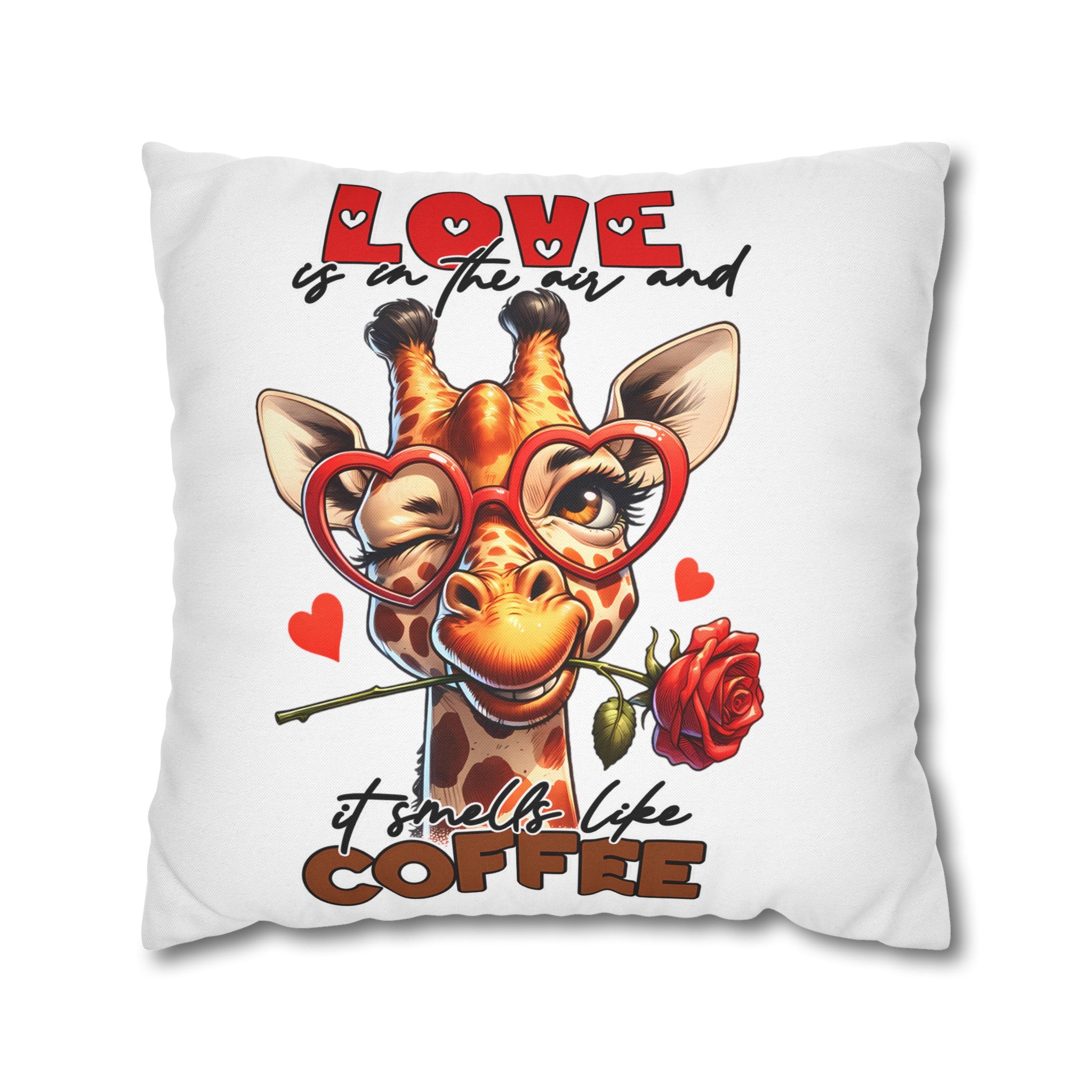 Cute Giraffe Love Is In The Air Coffee Lovers Pillow, Funny Animal Decor Throw Pillow, Perfect Valentine's Day Gift Spun Polyester Square Pillowcase