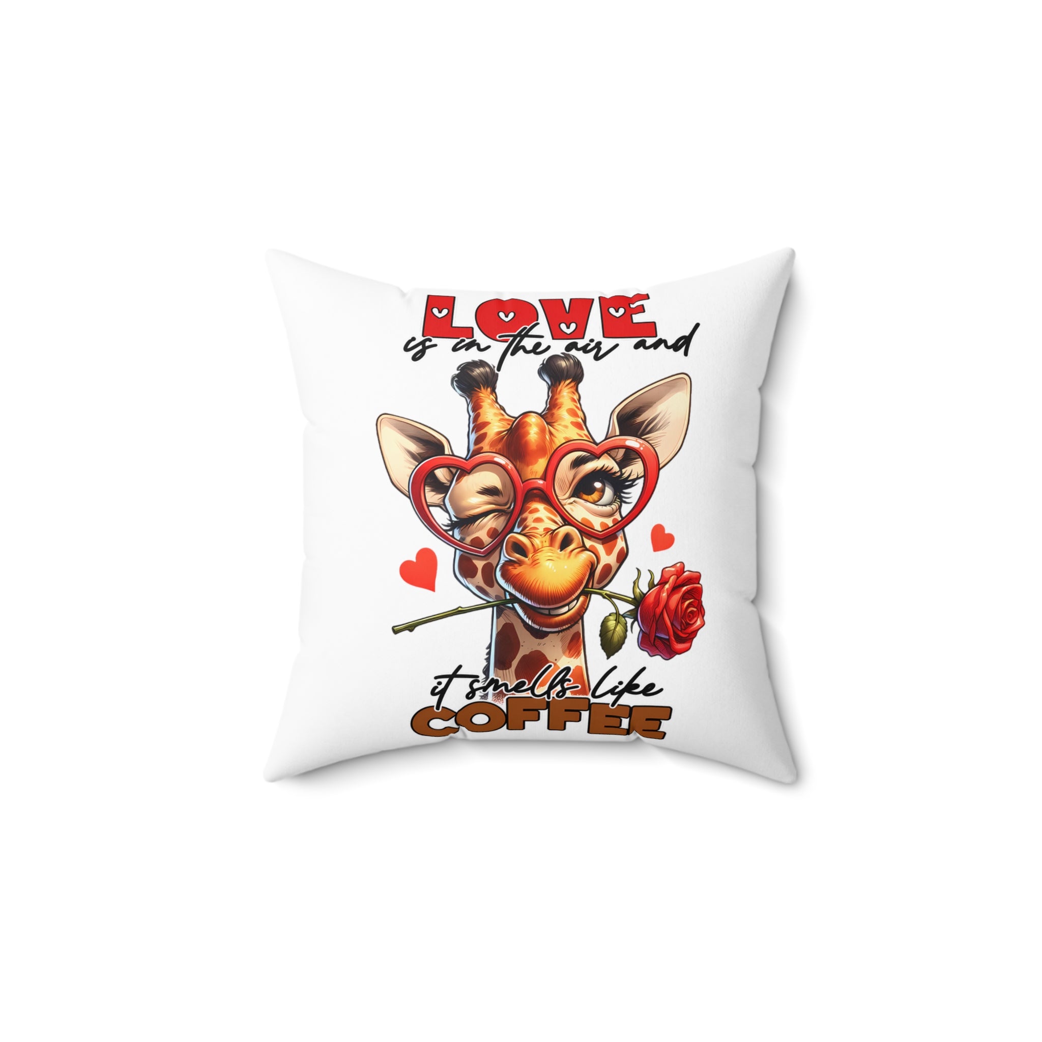 Love Is In The Air Pillow, Funny Giraffe Decor, Coffee Lover Gift, Cute Animal Cushion, Rose and Heart Design Pillow, Unique Home Decor Spun Polyester Square Pillow