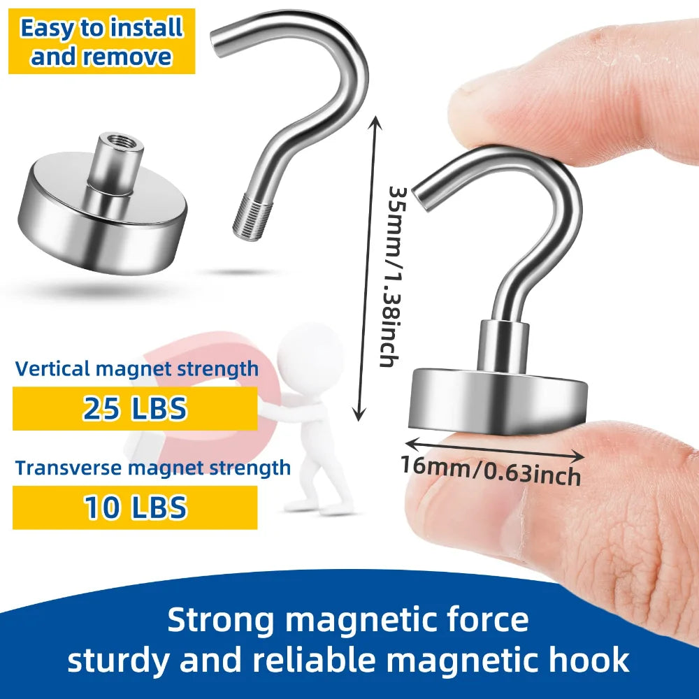 1 6-20 Pcs 16 MM Strong Magnetic Hooks Heavy Duty Wall Hooks Hanger Super Strong Neodymium Magnet Hooks for Home Kitchen Coat Cup