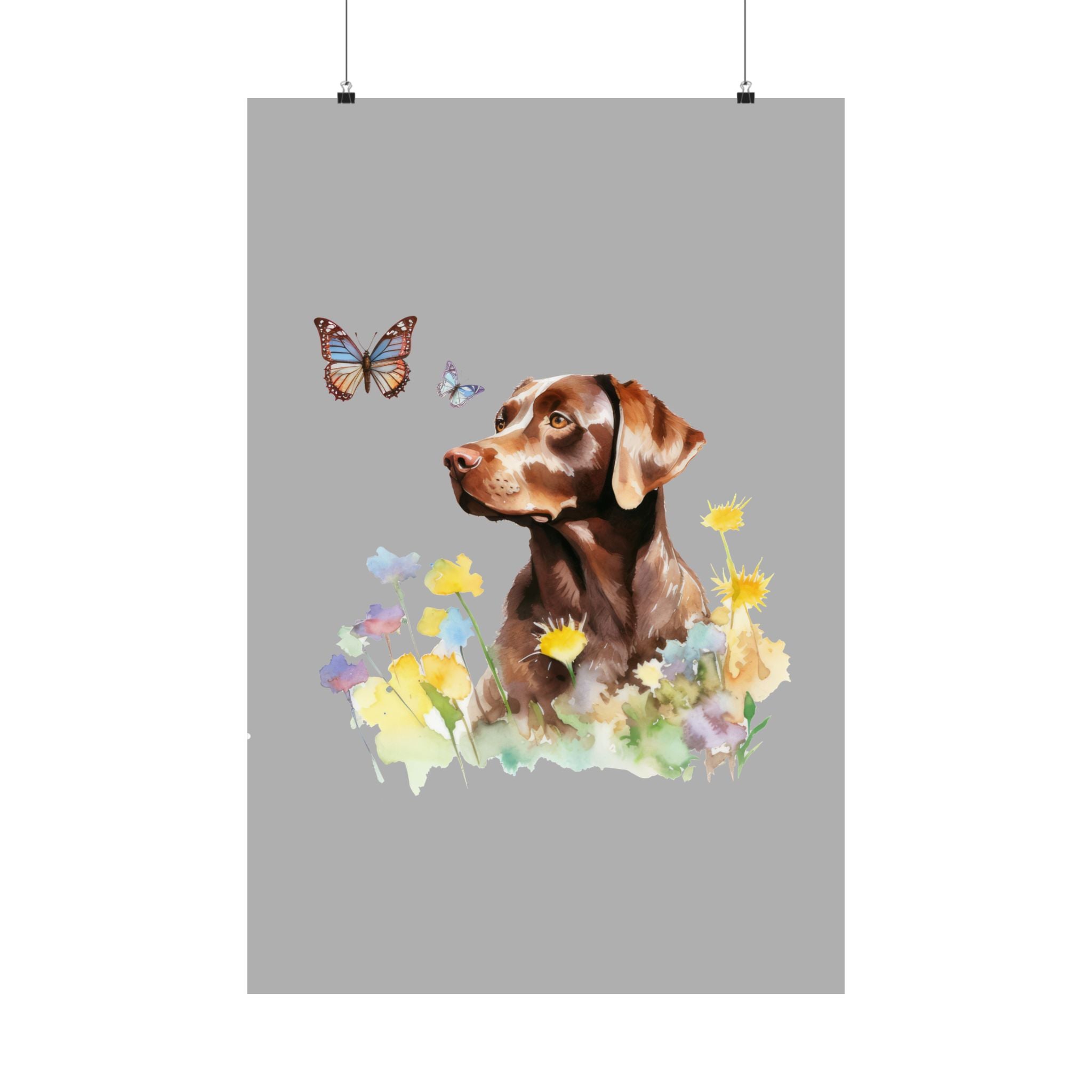 Charming Brown Dog with Butterflies and Flowers  Matte Vertical Posters