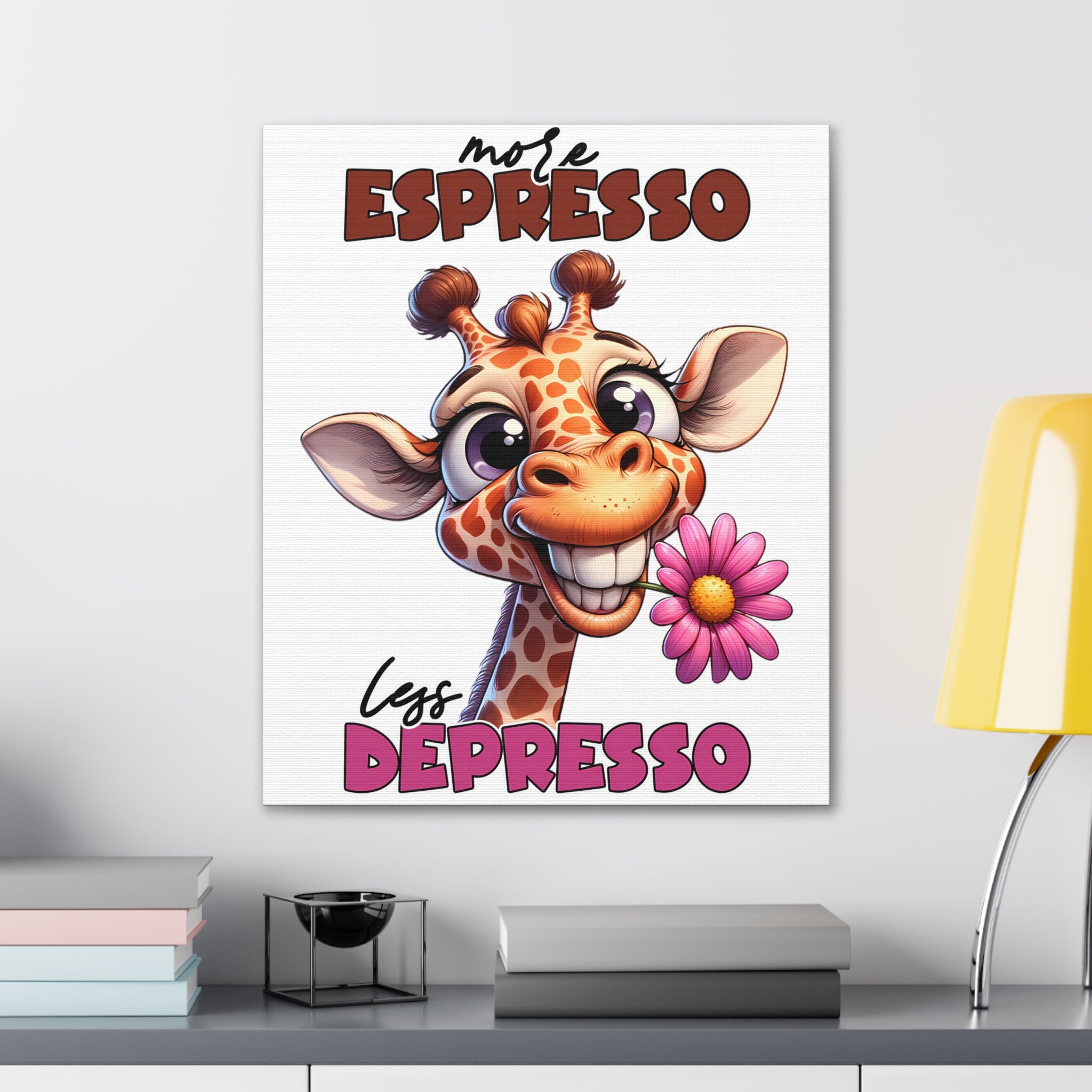 More Espresso Less Depresso Giraffe Wall Art, Cute Animal Cartoon Canvas Gallery Wrap, Funny Coffee Art Decor, Cheerful Giraffe Poster Canvas Gallery Wraps