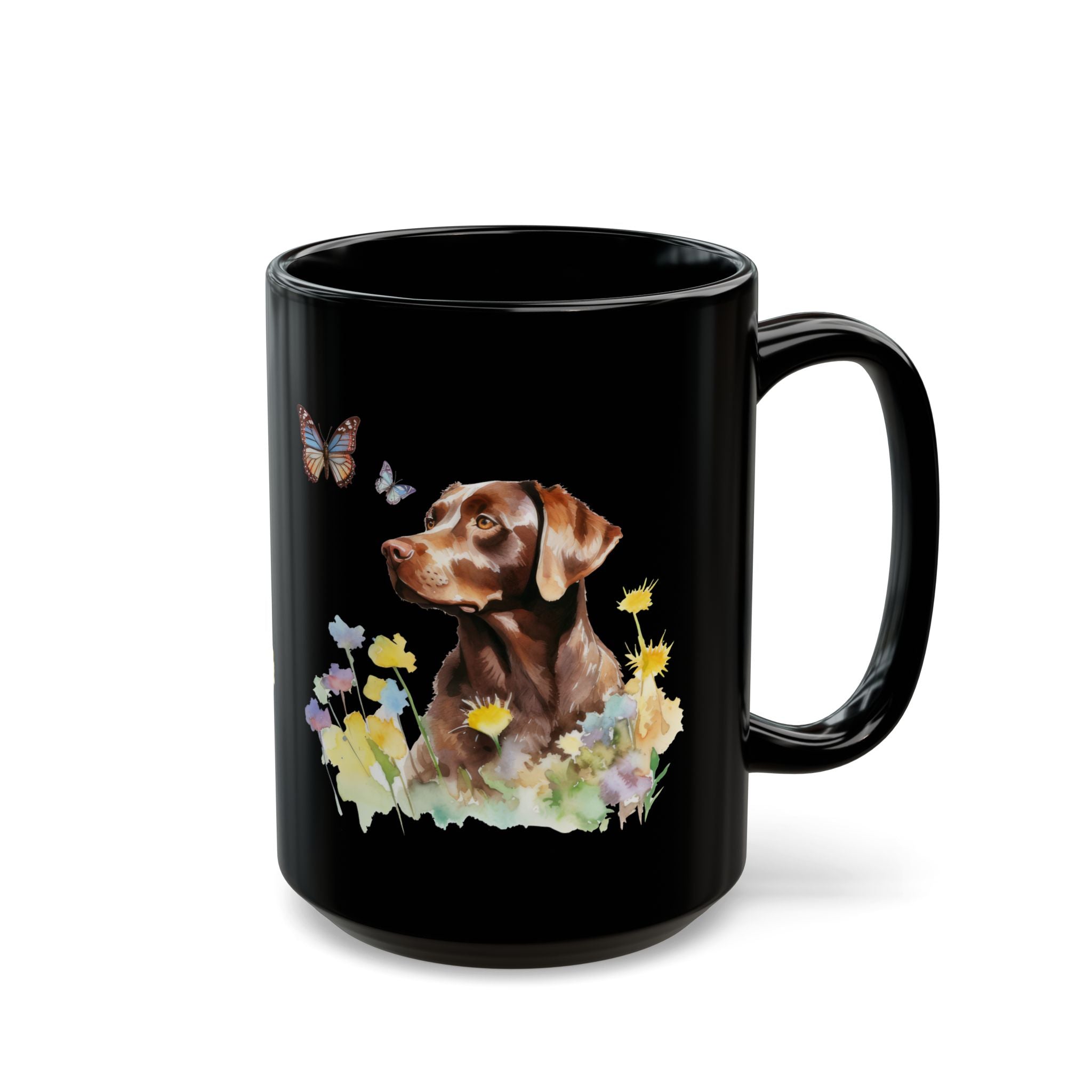 Copy of Charming Brown Dog with Butterflies and Flowers Black Mug (11oz, 15oz)