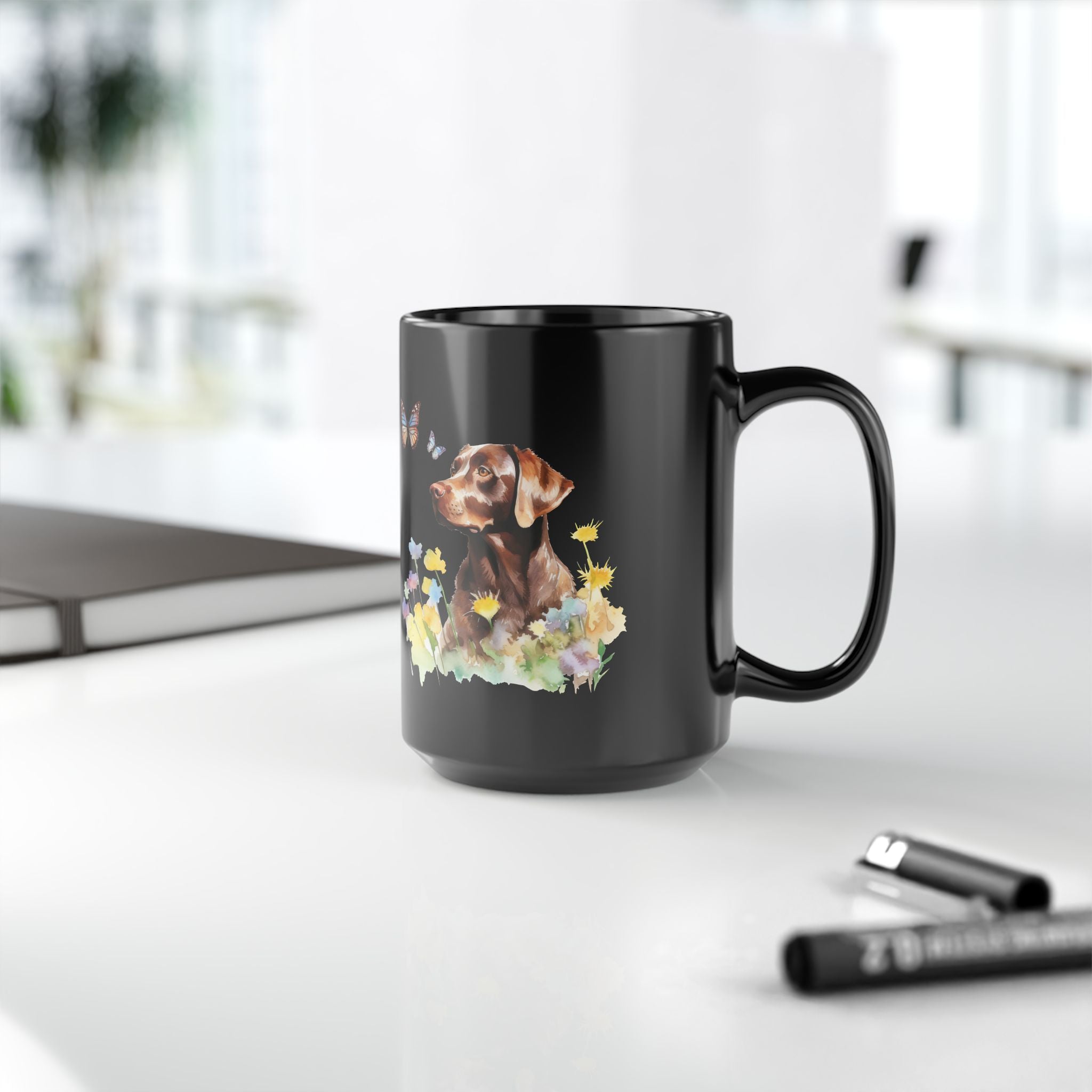 Copy of Charming Brown Dog with Butterflies and Flowers Black Mug (11oz, 15oz)