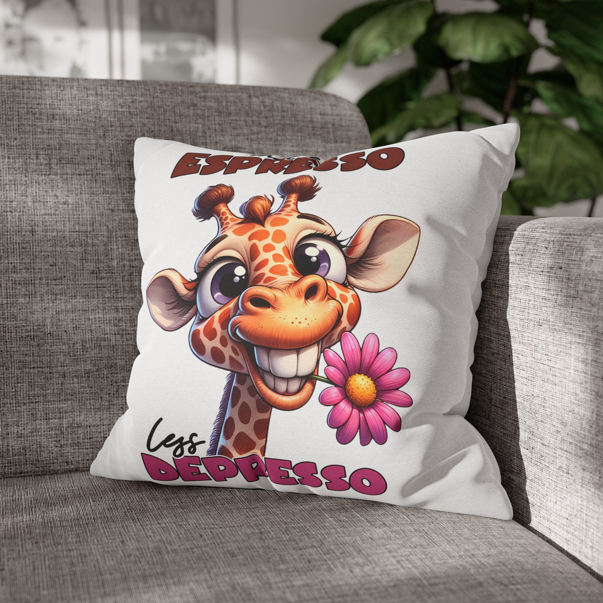 Funny Giraffe Pillow Cover, More Espresso Less Depresso Pillow, Cute Giraffe Pillow Decor, Animal Lover Gift, Kids Room Decor Spun Polyester Square Pillowcase