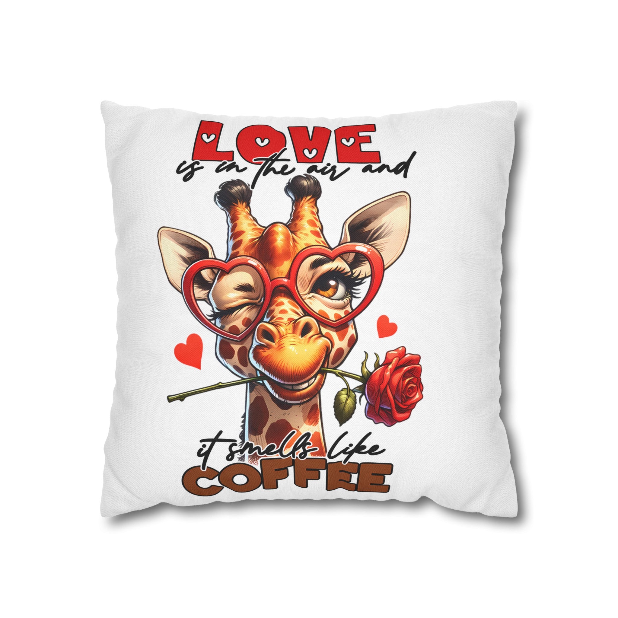 Cute Giraffe Love Is In The Air Coffee Lovers Pillow, Funny Animal Decor Throw Pillow, Perfect Valentine's Day Gift Spun Polyester Square Pillowcase