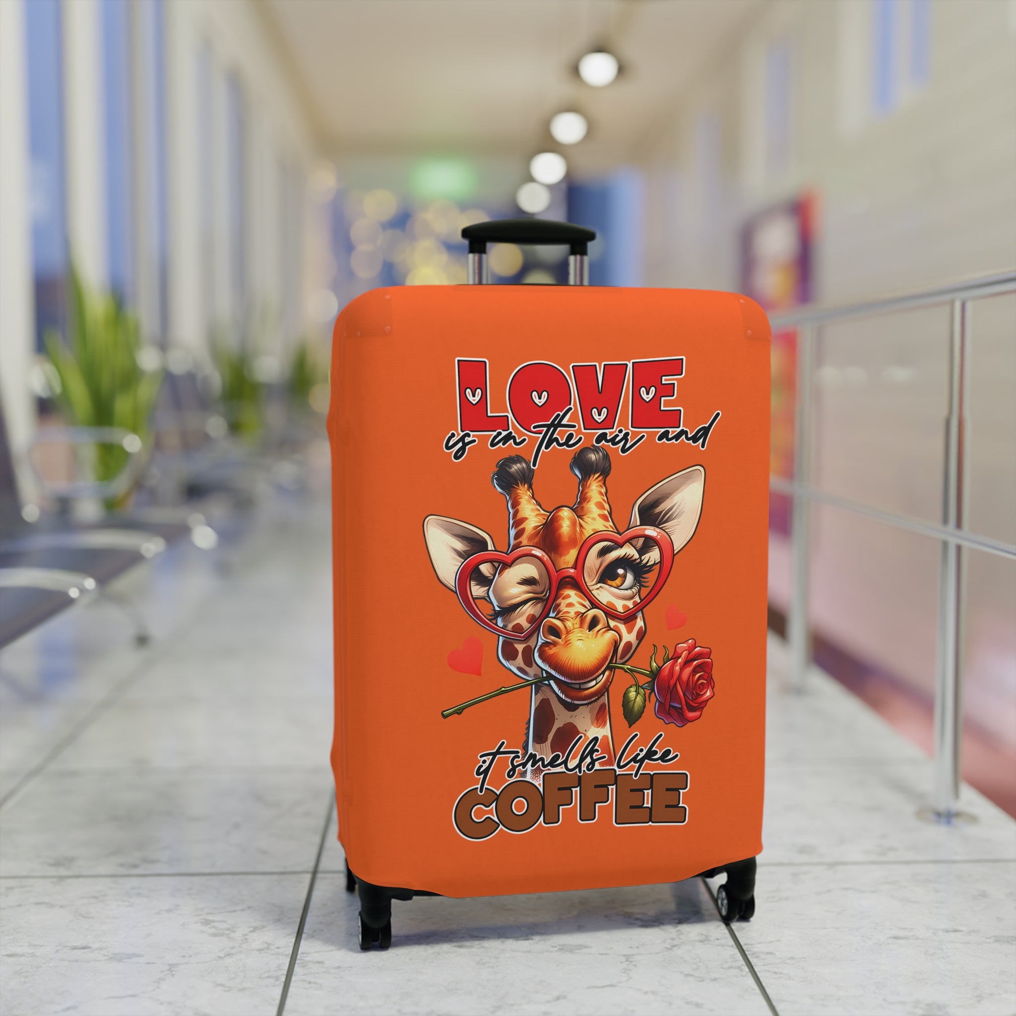 Love is in the Air and It Smells Like Coffee Giraffe Luggage Cover, Cute Giraffe with Glasses and Rose, Funny Coffee Lover's Luggage Cover, Valentine's Day Gift Luggage Cover