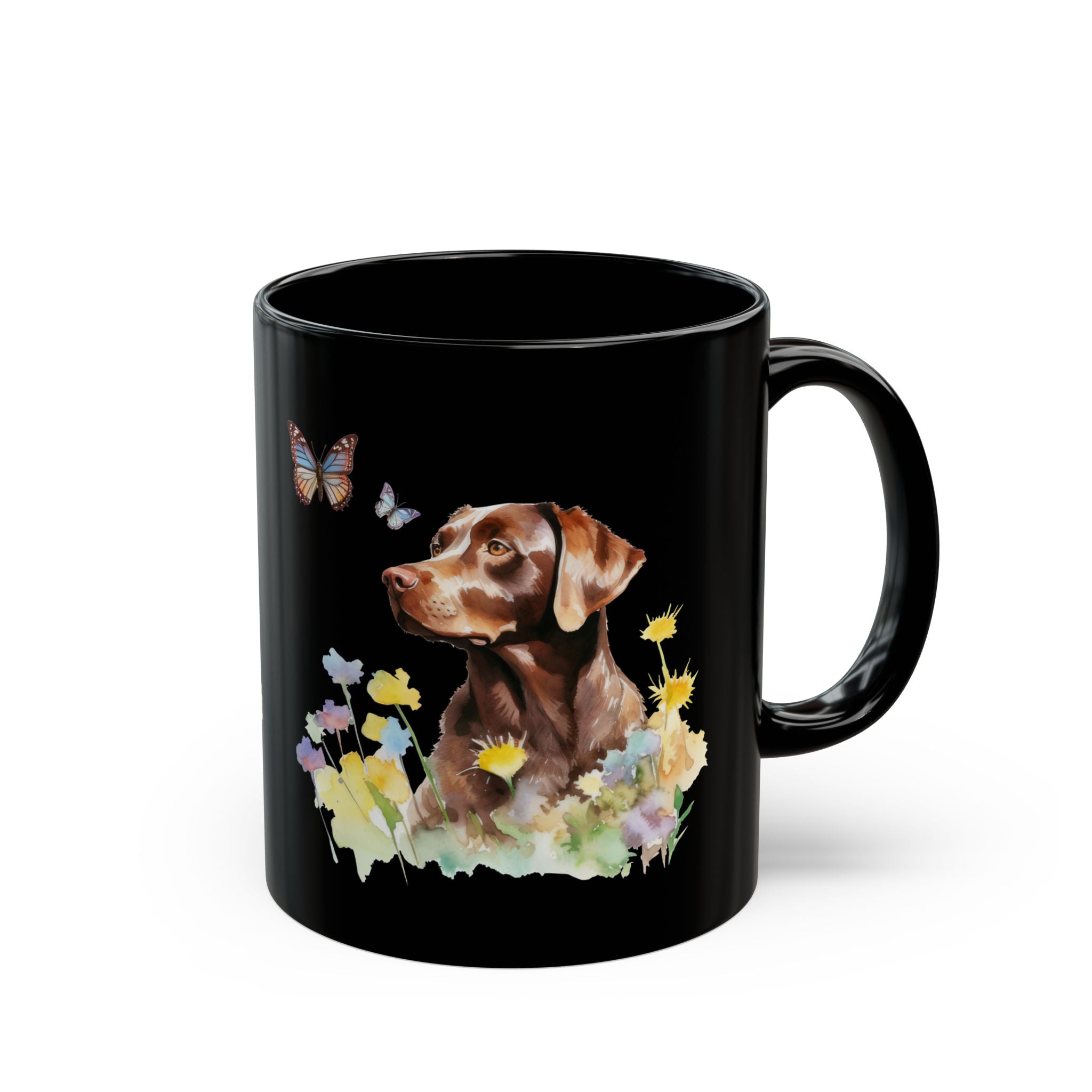 Copy of Charming Brown Dog with Butterflies and Flowers Black Mug (11oz, 15oz)