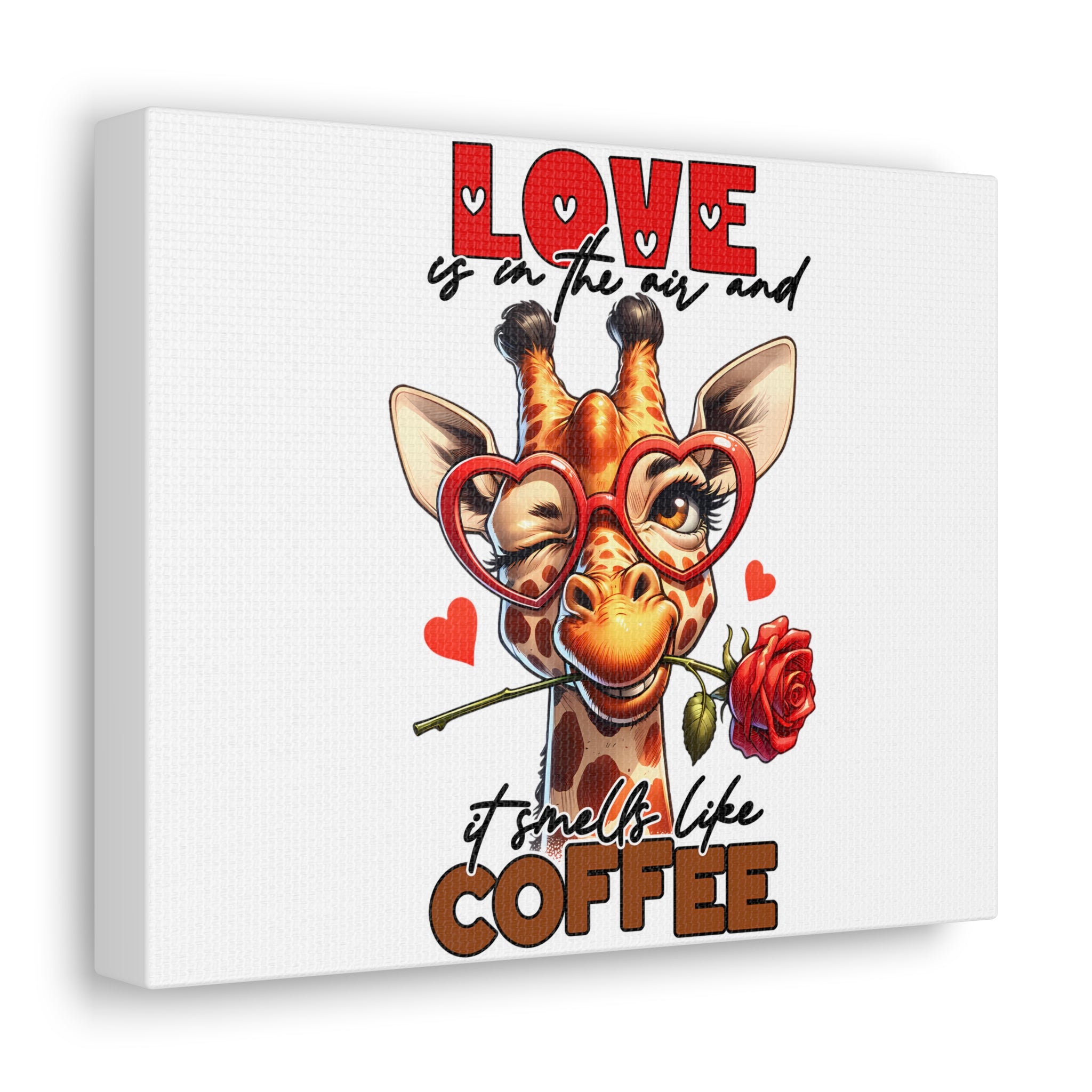 Cute Giraffe Love Wall Art, Coffee Quote Poster, Quirky Animal Decor, Fun Giraffe Illustration, Heart Glasses Artwork, Romantic Coffee Print Canvas Gallery Wraps