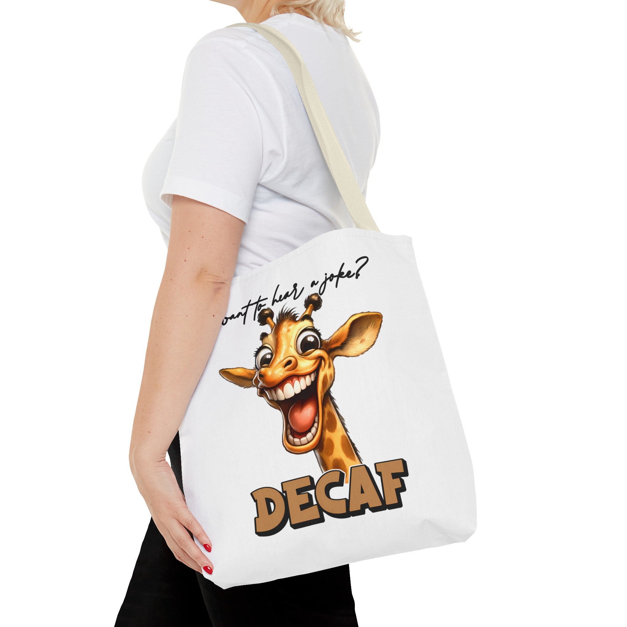 Funny Giraffe Tote Bag, Want to Hear a Joke Decaf Design, Cute Animal Humor, Unique Gift Idea, Reusable Shopping Bag Tote Tote Bag