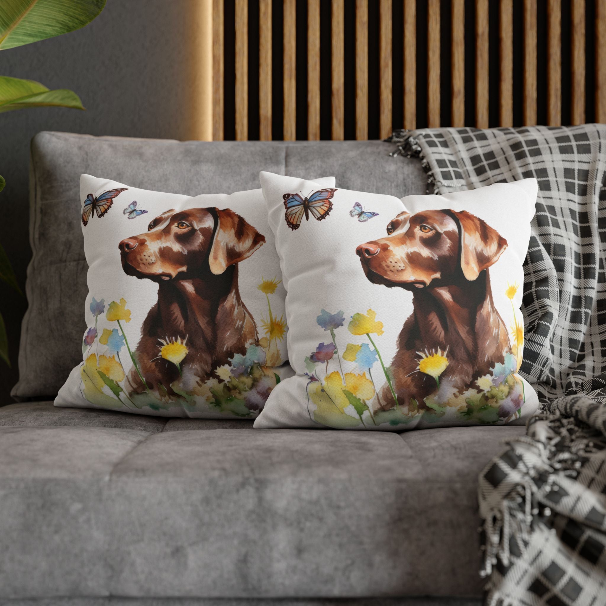 Charming Brown Dog with Butterflies and Flowers Spun Polyester Square Pillowcase