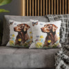 Charming Brown Dog with Butterflies and Flowers Spun Polyester Square Pillowcase