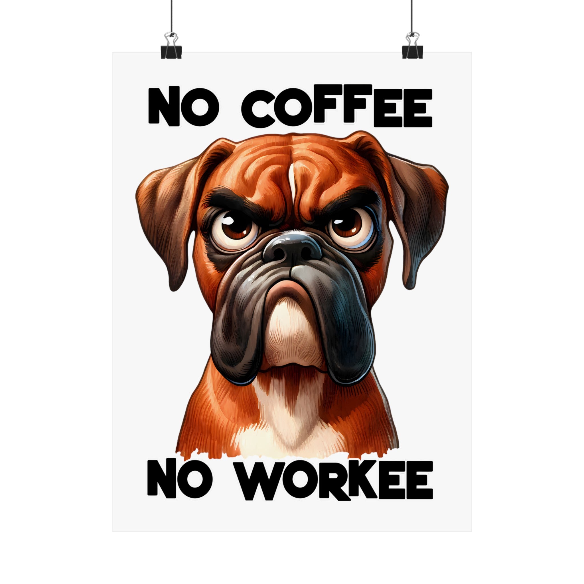 Funny Boxer Dog Art, No Coffee No Workee Poster, Dog Lover Gift, Office Wall Art, Funny Dog Print, Coffee Humor, Pet Decor Matte Vertical Posters