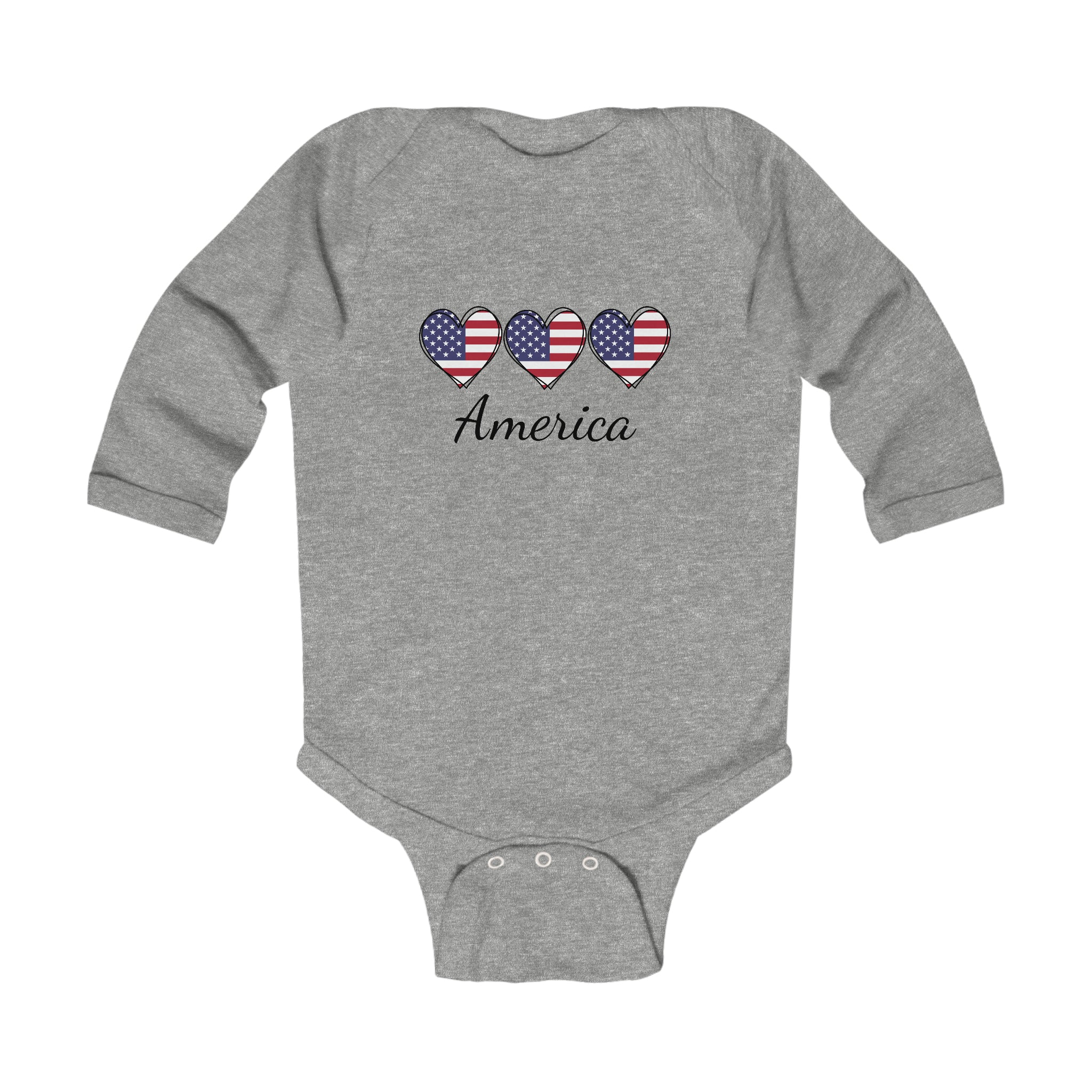 America 3 Hearts Long Sleeve Baby Bodysuit