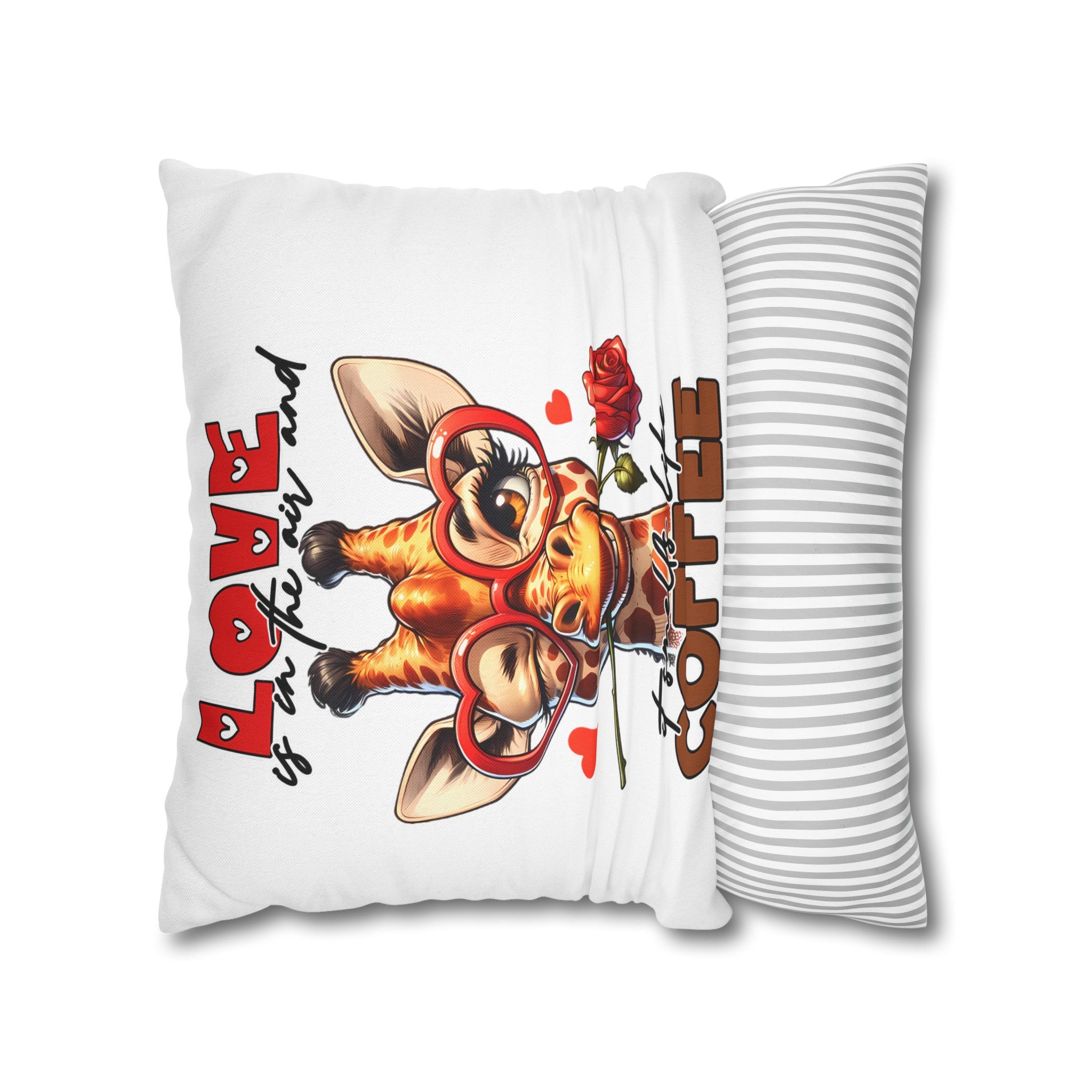 Cute Giraffe Love Is In The Air Coffee Lovers Pillow, Funny Animal Decor Throw Pillow, Perfect Valentine's Day Gift Spun Polyester Square Pillowcase