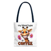 Funny Giraffe Tote Bag, My Blood Type is Coffee Tote Bag, Cute Animal Tote Bag, Fun Coffee Lover Gift, Quirky Giraffe Art Bag Tote Tote Bag