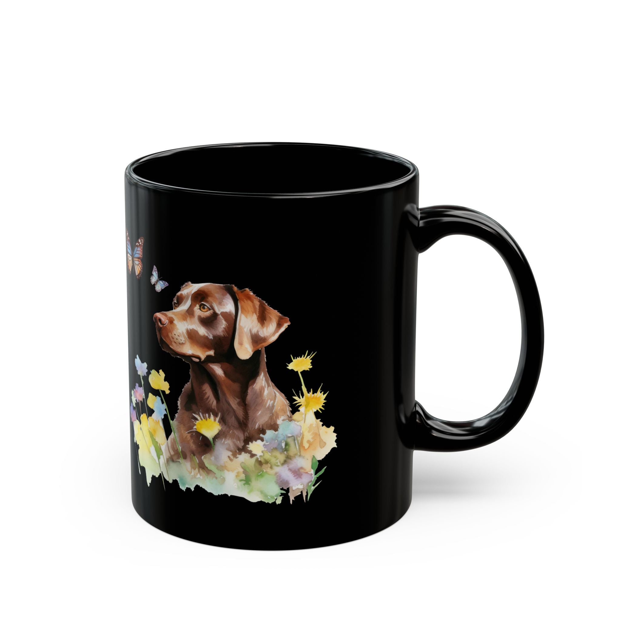 Copy of Charming Brown Dog with Butterflies and Flowers Black Mug (11oz, 15oz)