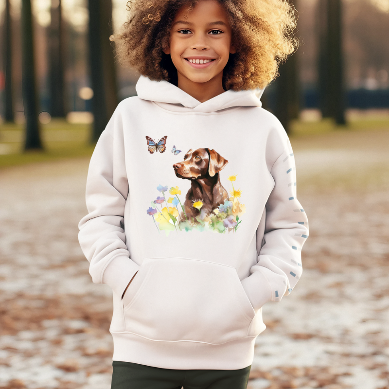 Charming Brown Dog with Butterflies and Flowers Kids Hoodie