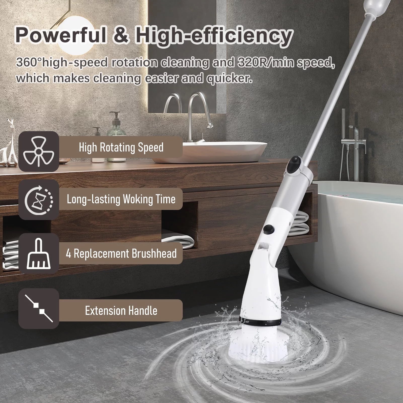 Electric Spin Scrubber 360 Cordless Bathroom Cleaning Brush with 4 Replaceable Scrubber Brush Heads Extension Handle for Tub, Tile, Wall, Bathroom