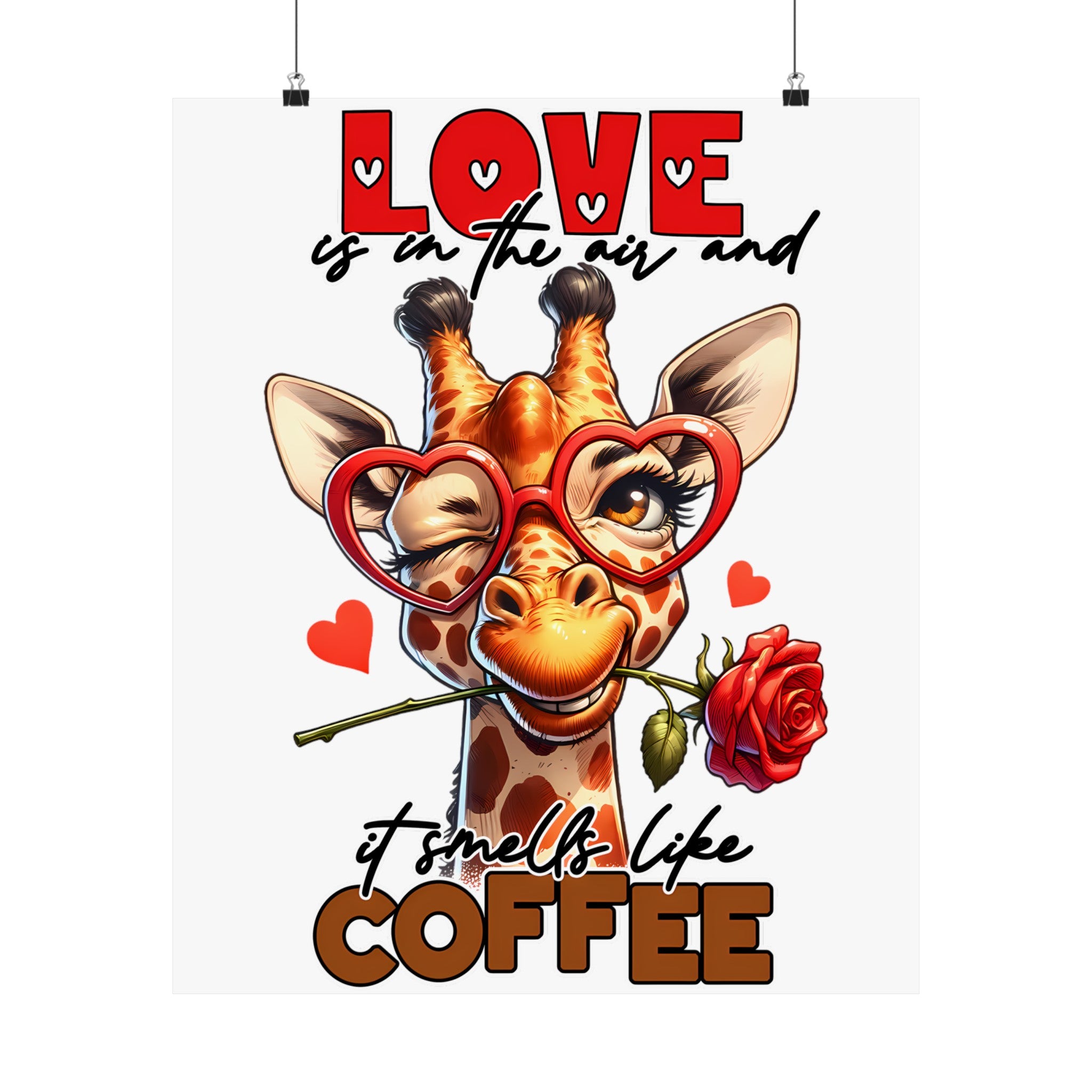 Love Is In The Air Giraffe Wall Art, Coffee Quote Poster, Heart Glasses Giraffe Print, Rose In Mouth Giraffe Decor, Cute Animal Lover Gift Matte Vertical Posters