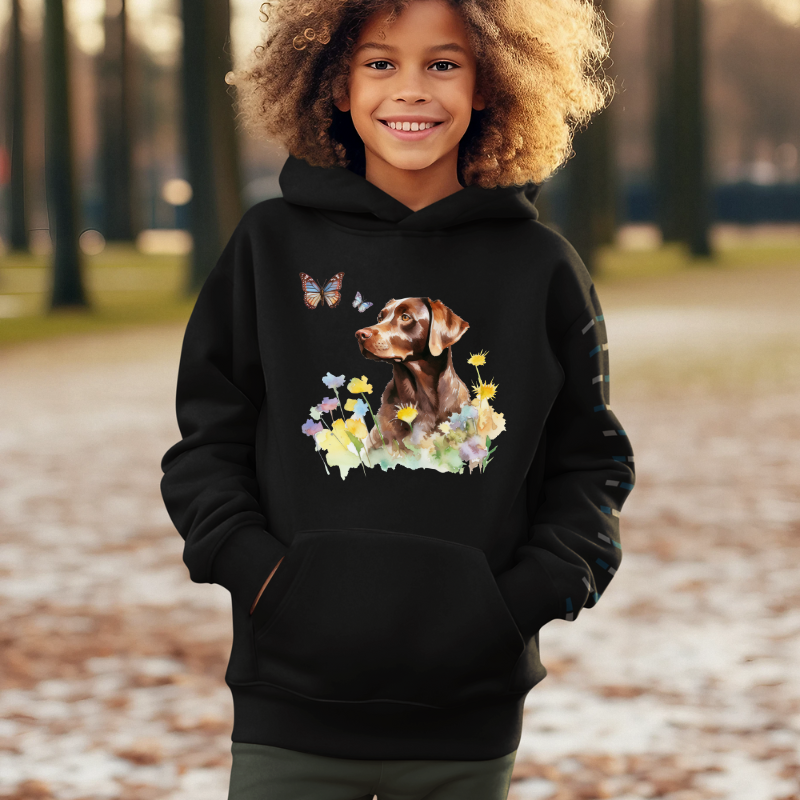 Charming Brown Dog with Butterflies and Flowers Kids Hoodie