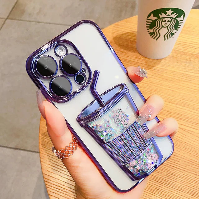 Glitter Quicksand Cup Case for Iphone 13 Pro Max 14 Pro 12 11 15 Clear Camera Film Protector Phone Cover for Iphone 14 Pro Max