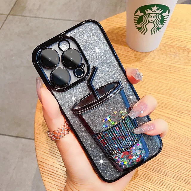 Glitter Quicksand Cup Case for Iphone 13 Pro Max 14 Pro 12 11 15 Clear Camera Film Protector Phone Cover for Iphone 14 Pro Max