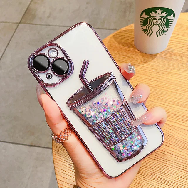 Glitter Quicksand Cup Case for Iphone 13 Pro Max 14 Pro 12 11 15 Clear Camera Film Protector Phone Cover for Iphone 14 Pro Max