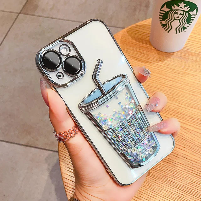 Glitter Quicksand Cup Case for Iphone 13 Pro Max 14 Pro 12 11 15 Clear Camera Film Protector Phone Cover for Iphone 14 Pro Max