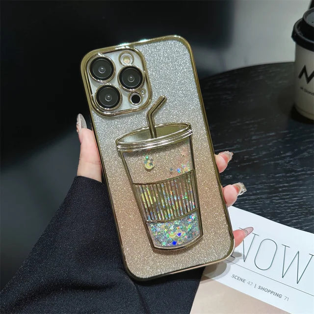 Glitter Quicksand Cup Case for Iphone 13 Pro Max 14 Pro 12 11 15 Clear Camera Film Protector Phone Cover for Iphone 14 Pro Max