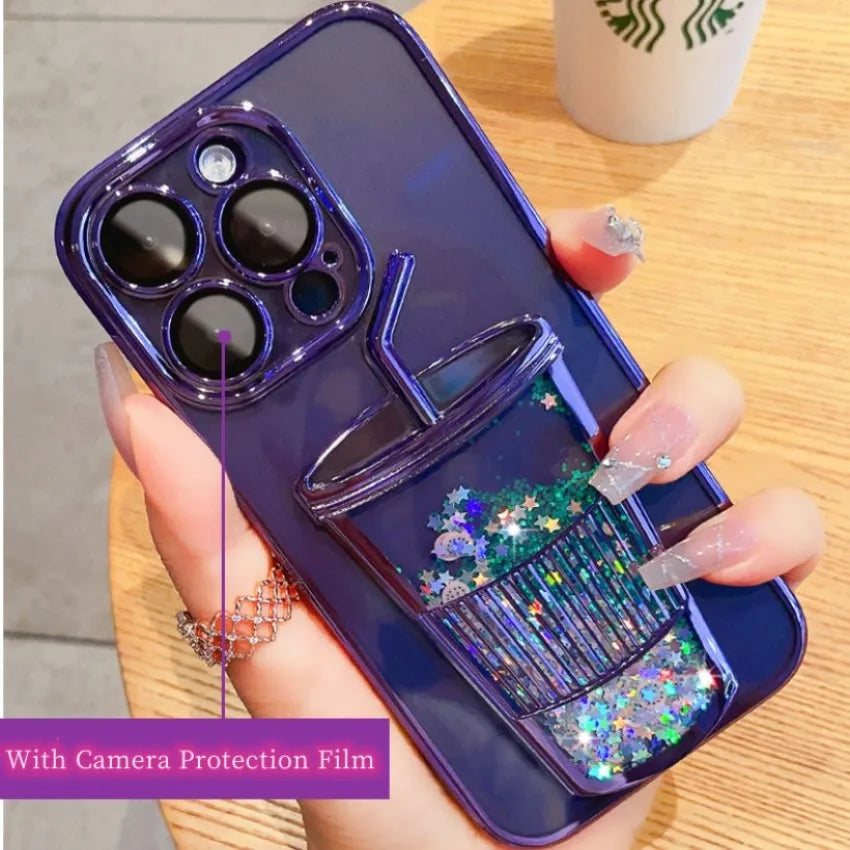 Glitter Quicksand Cup Case for Iphone 13 Pro Max 14 Pro 12 11 15 Clear Camera Film Protector Phone Cover for Iphone 14 Pro Max